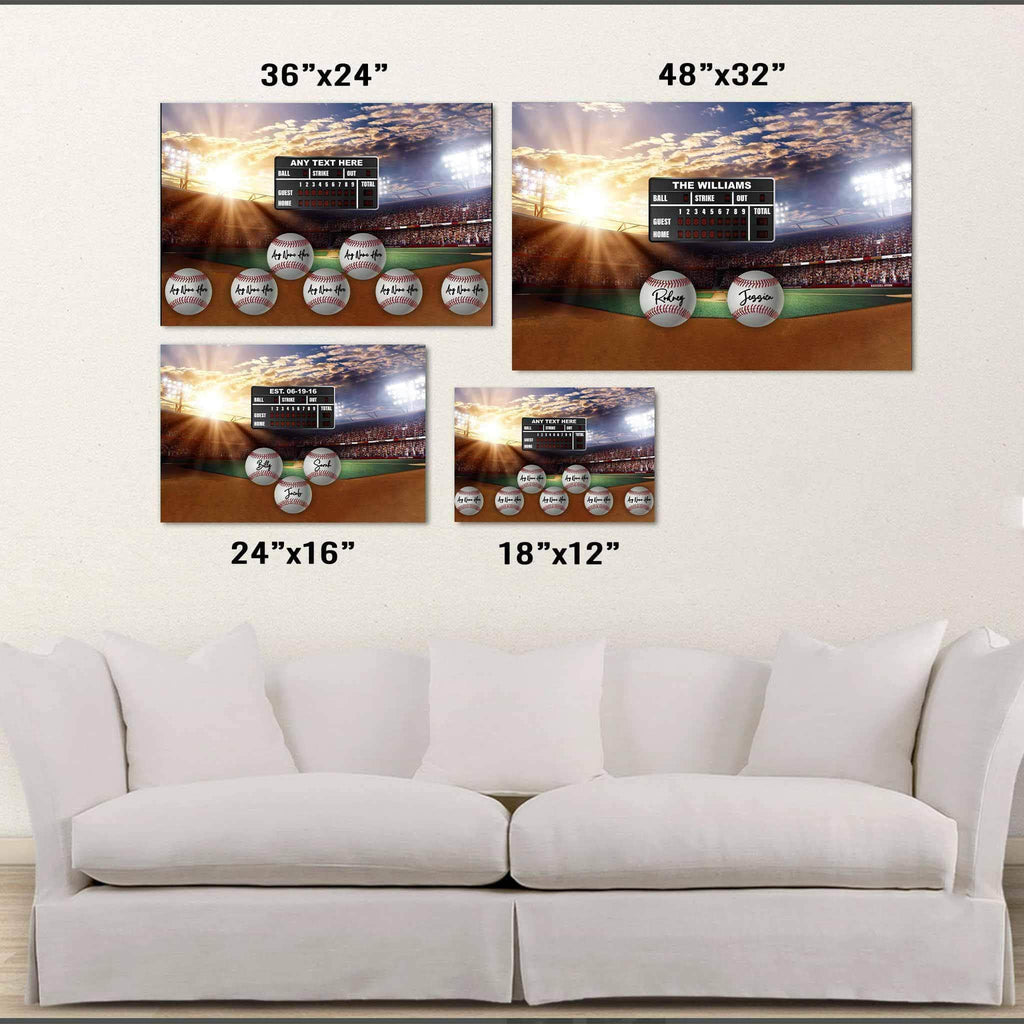 Baseball Stadium V1 Multiple Names Personalized Baseballs And Scoreboard Sign Poster PrintCustomly Gifts