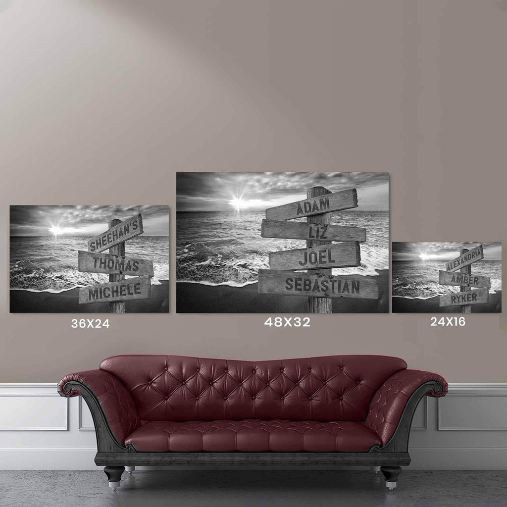 Beach Ocean Sunset v1 Black and White Multiple Names Personalized Directional Sign PosterCustomly Gifts