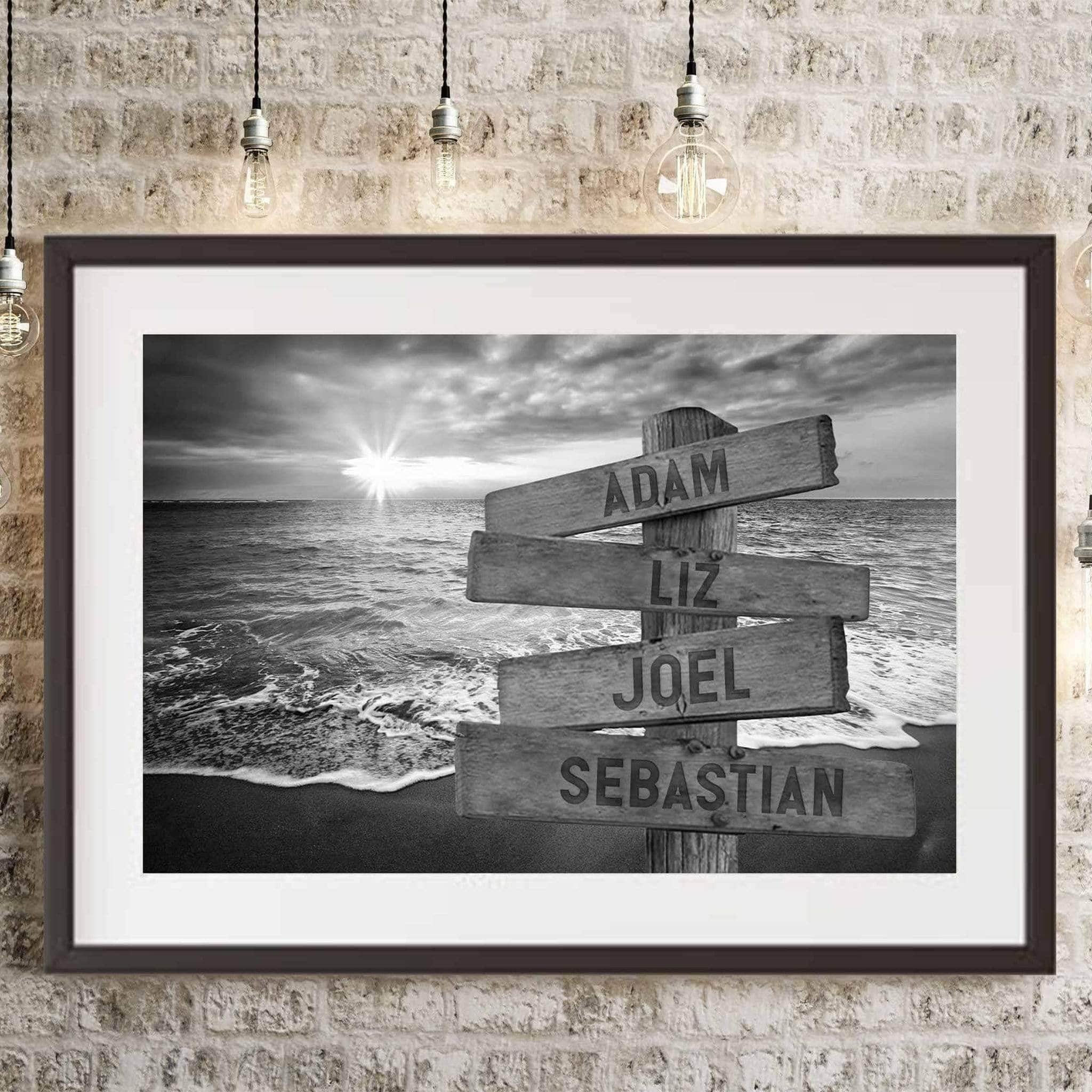 Beach Ocean Sunset v1 Black and White Multiple Names Personalized Directional Sign PosterCustomly Gifts