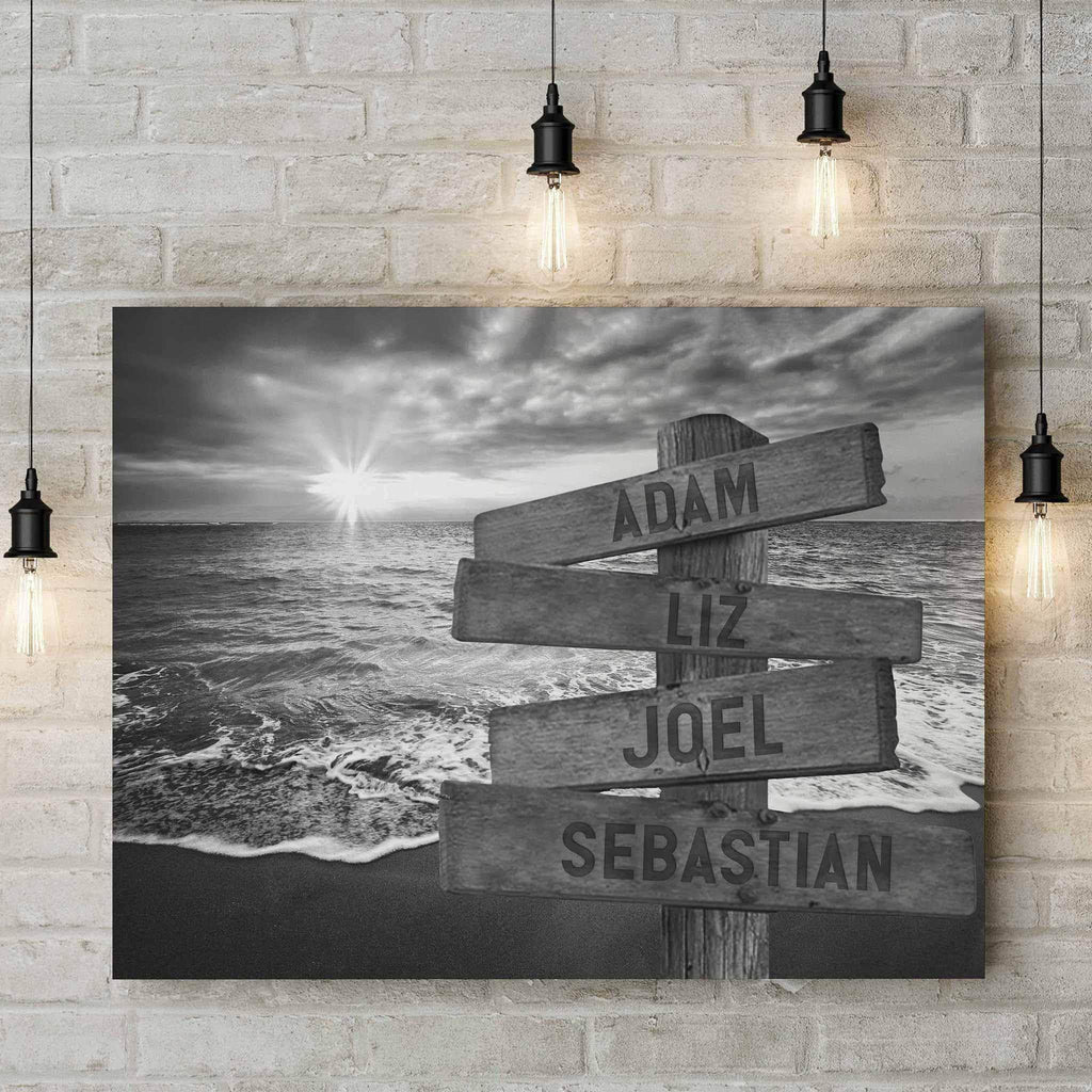 Beach Ocean Sunset v1 Black & White Multiple Names Personalized Directional Sign CanvasCustomly Gifts