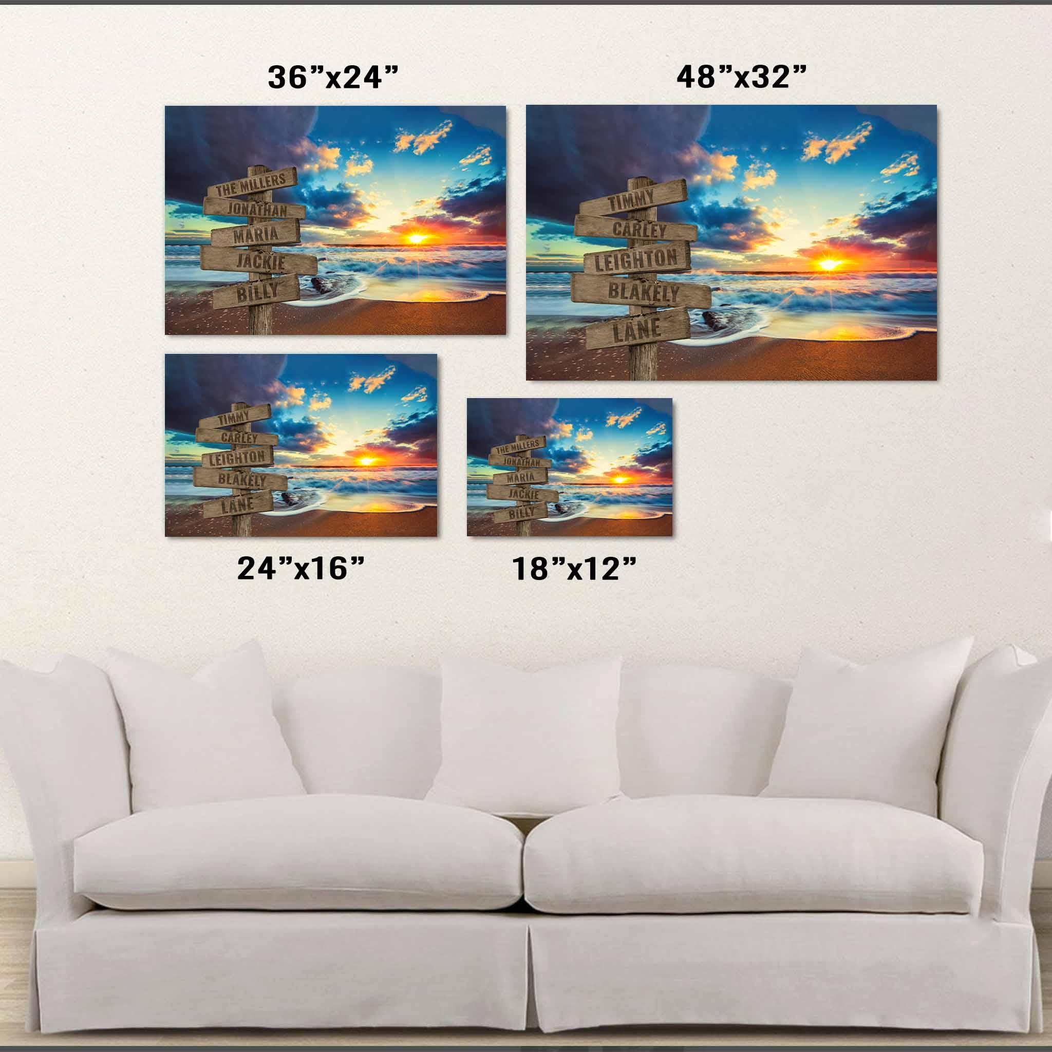 Beach Ocean Sunset v2 Color Multiple Names Personalized Directional Sign CanvasCustomly Gifts