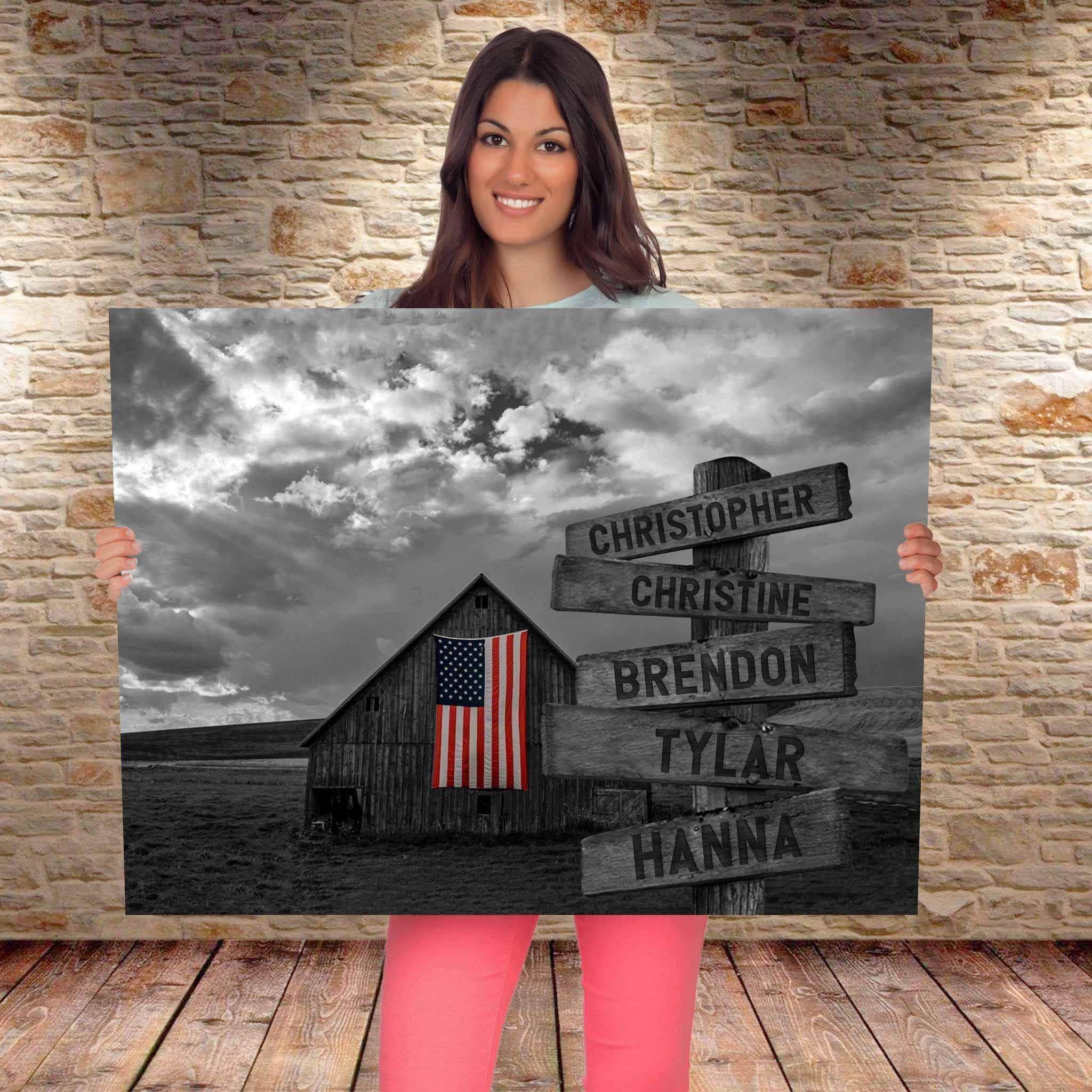 B&W Barn Full Color American Flag Multiple Names Personalized Directional Sign CanvasCustomly Gifts
