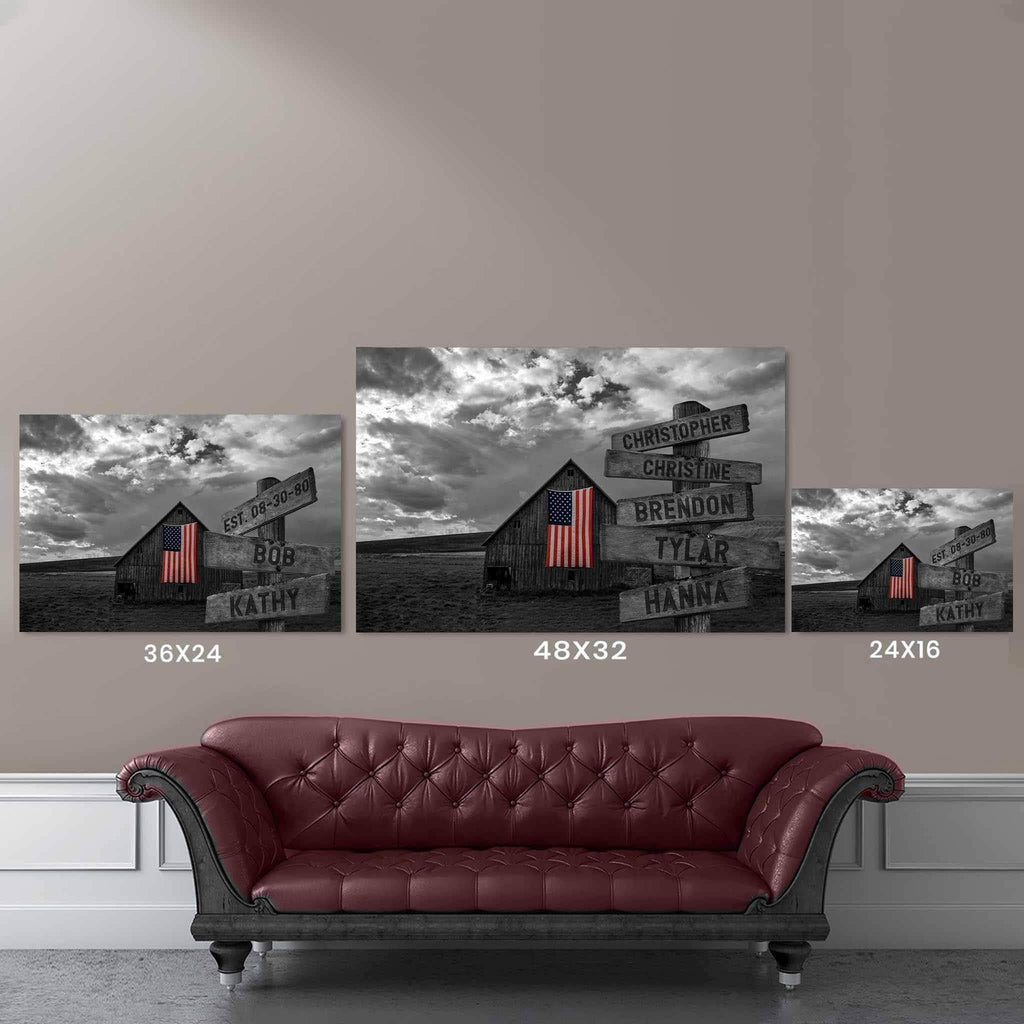 B&W Barn Full Color American Flag Multiple Names Personalized Directional Sign CanvasCustomly Gifts