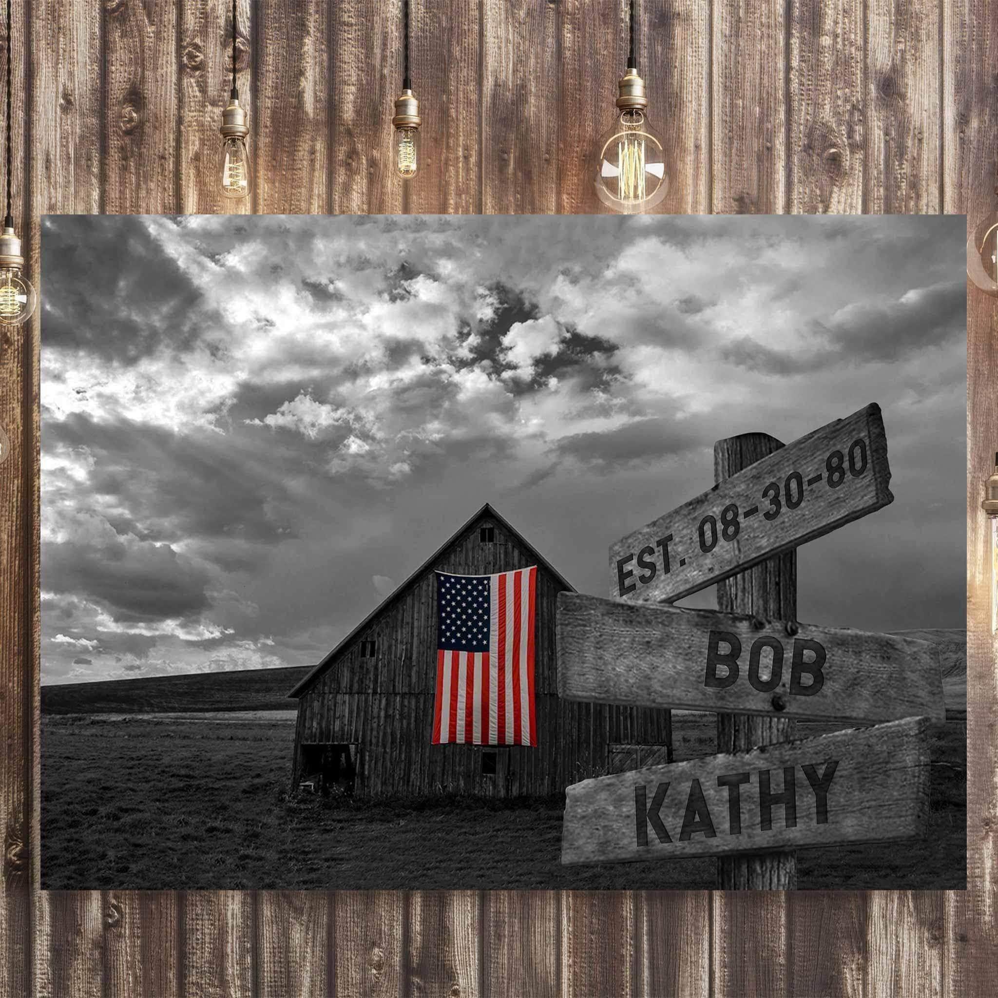 B&W Barn Full Color American Flag Multiple Names Personalized Directional Sign CanvasCustomly Gifts