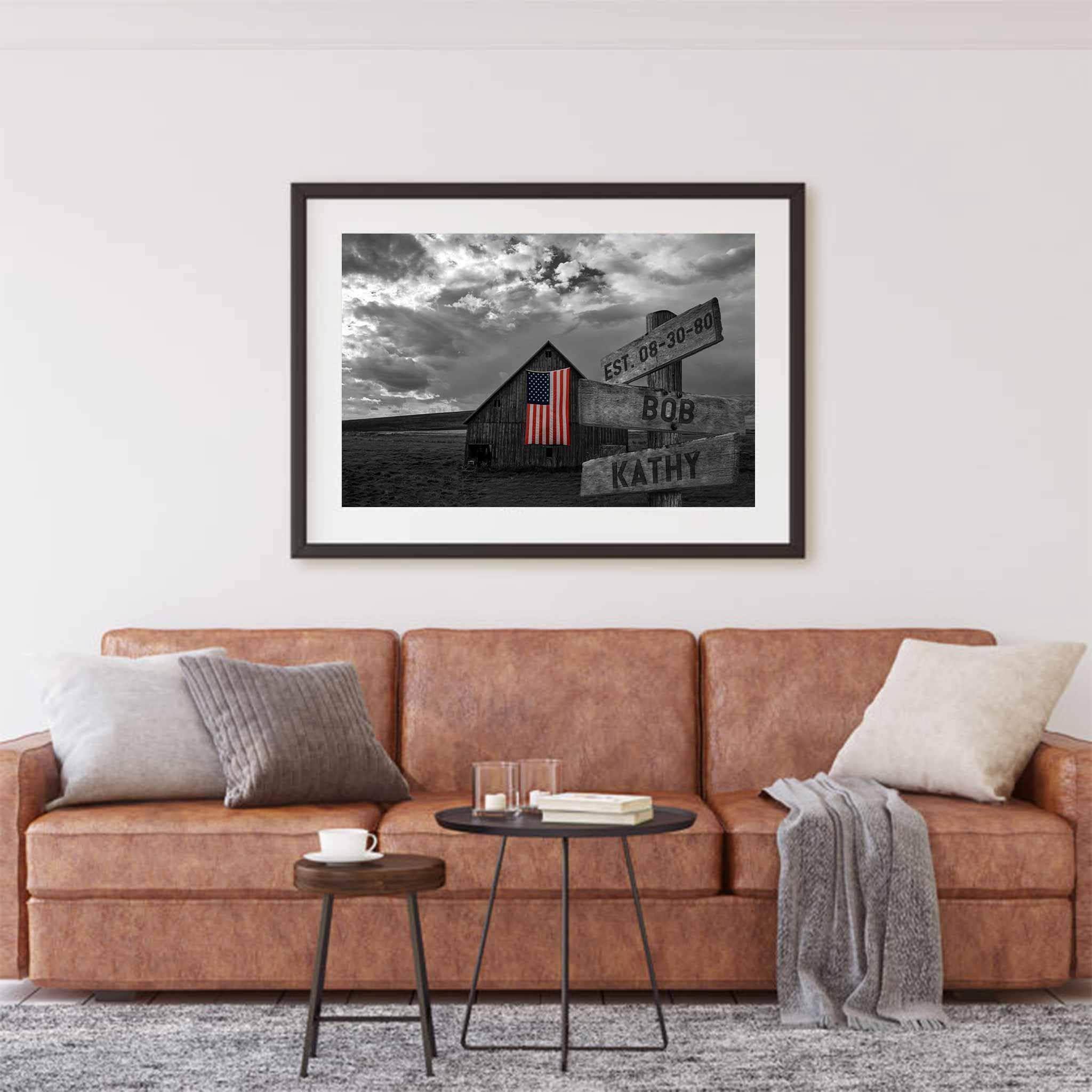 B&W Barn with Color American Flag Multiple Names Personalized Directional Sign PosterCustomly Gifts