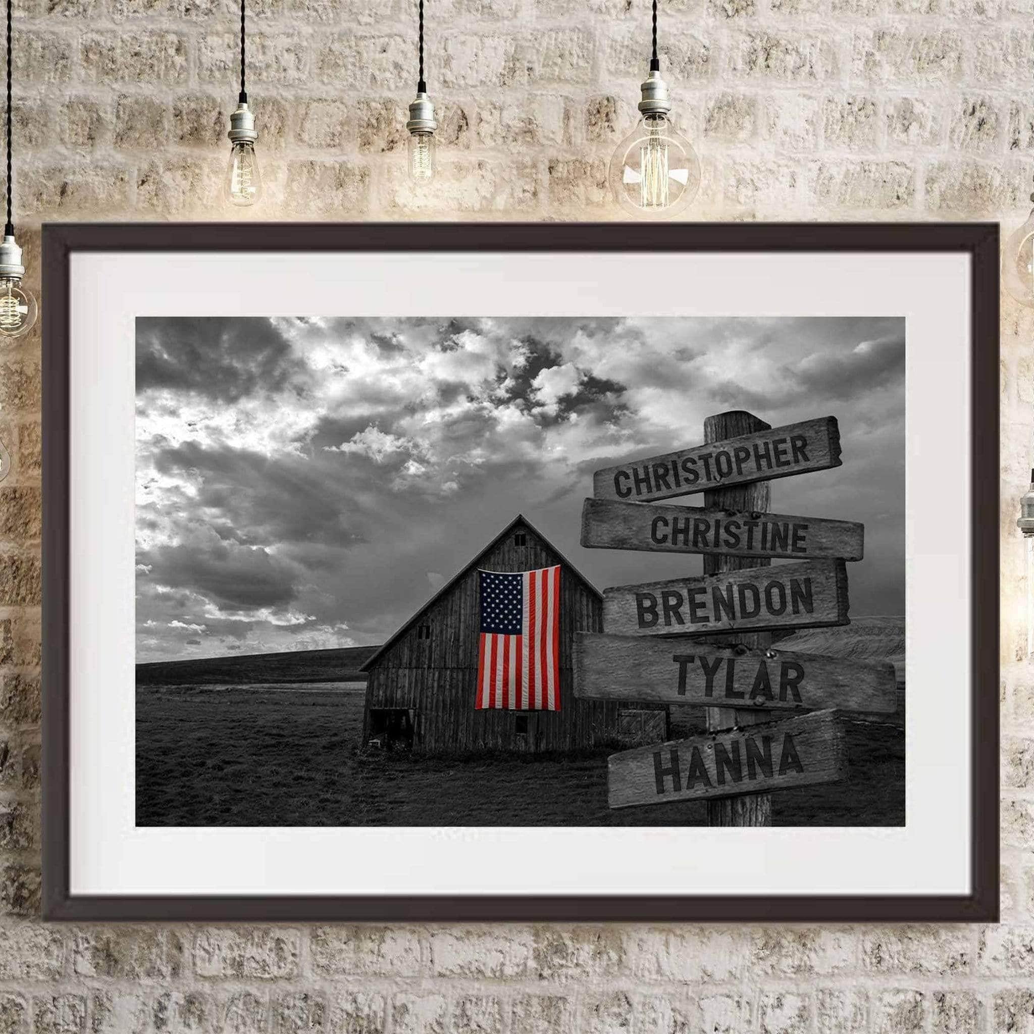 B&W Barn with Color American Flag Multiple Names Personalized Directional Sign PosterCustomly Gifts