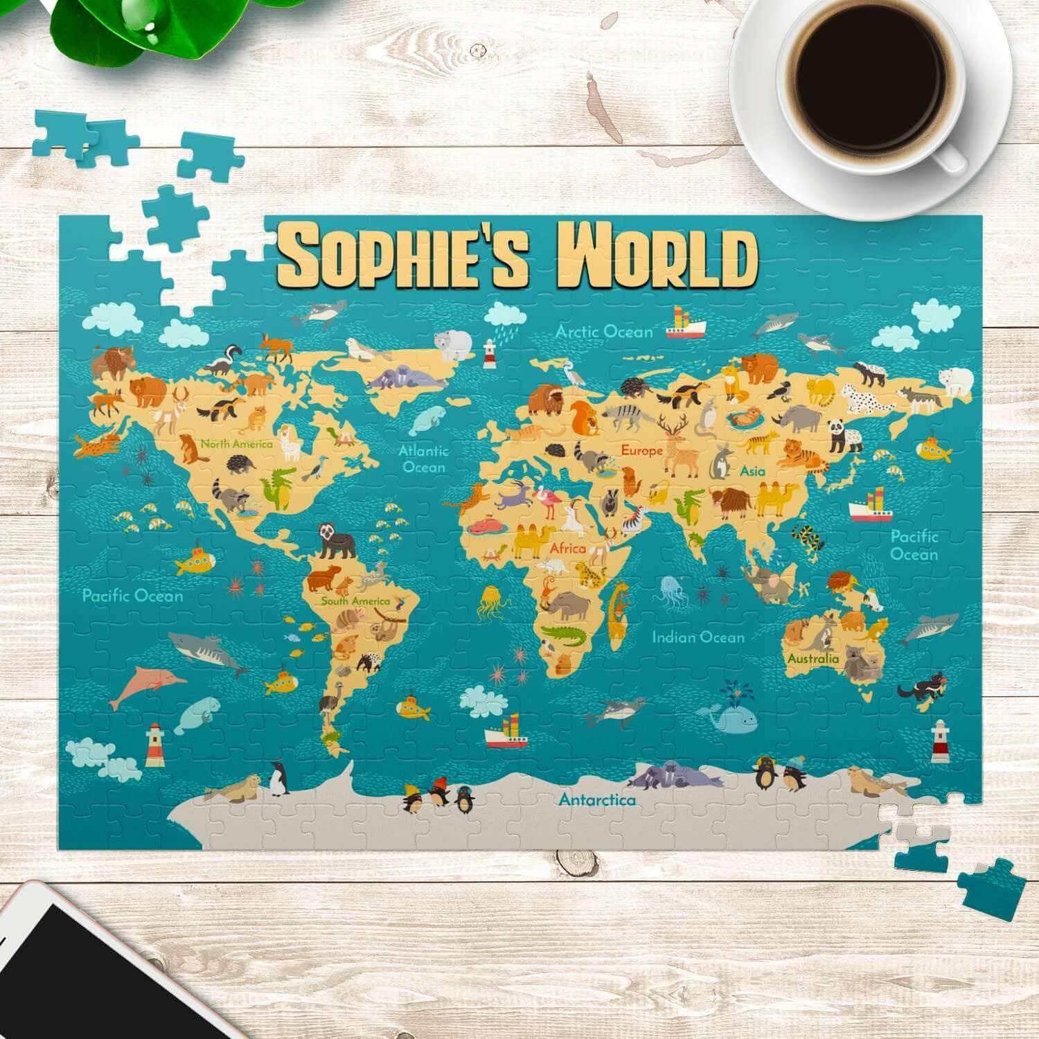 Cartoon World Map v2 Kids Personalized Premium 252 Piece Jigsaw PuzzleCustomly Gifts