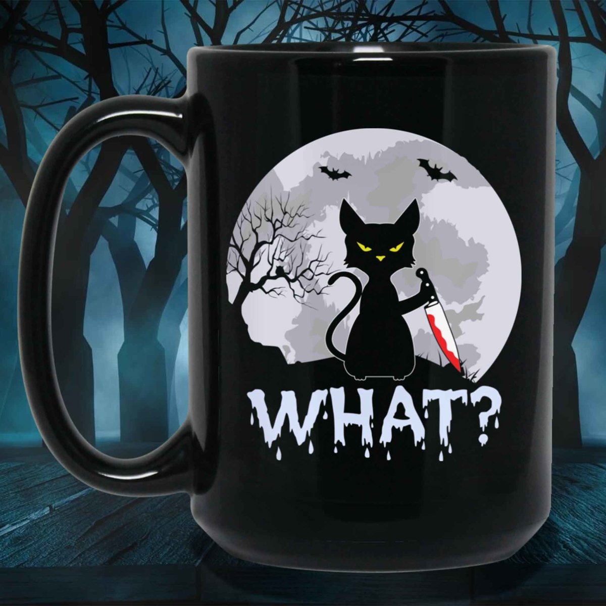 Cat What? Murderous Black Cat with Knife Halloween Black Coffee MugsCustomly Gifts