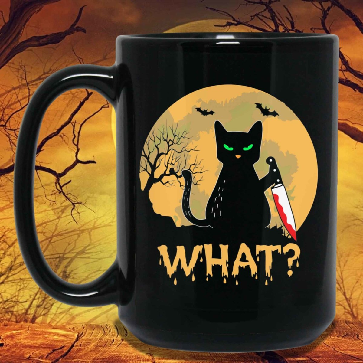 Cat What? Murderous Black Cat with Knife Orange Glow Halloween Coffee MugsCustomly Gifts