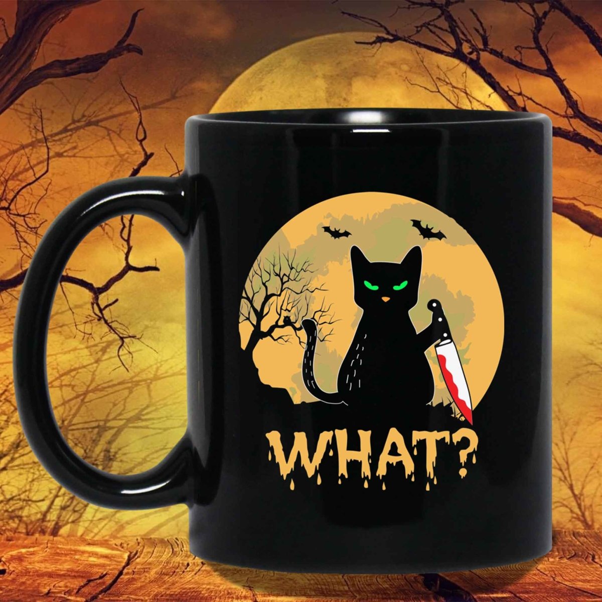 Cat What? Murderous Black Cat with Knife Orange Glow Halloween Coffee MugsCustomly Gifts
