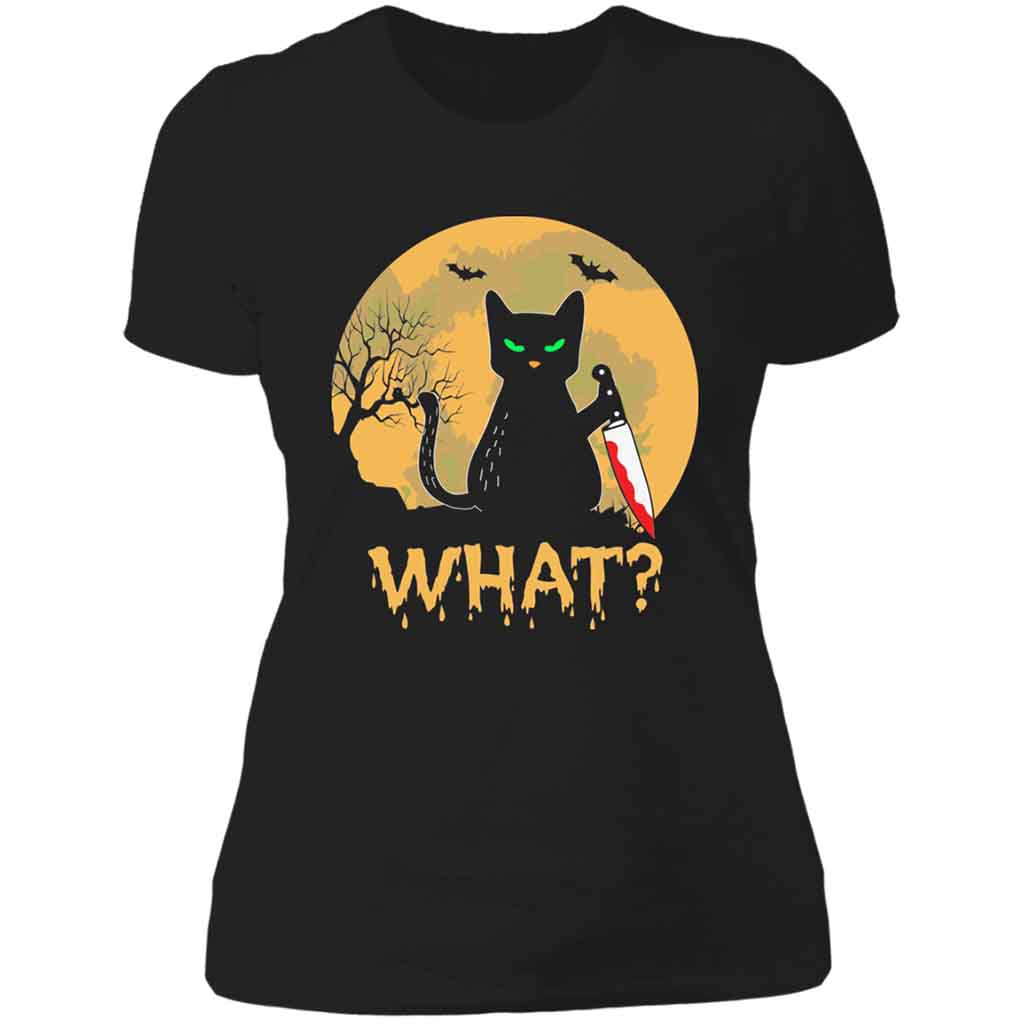 Cat What? Murderous Black Cat with Knife Orange Glow Ladies Black ShirtCustomly Gifts