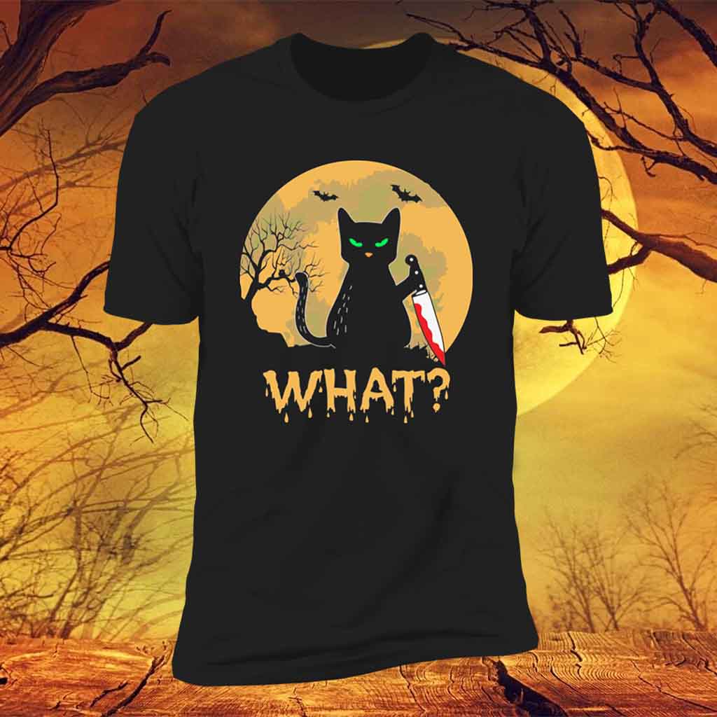 Cat What? Murderous Black Cat with Knife Orange Glow Men's Black ShirtCustomly Gifts