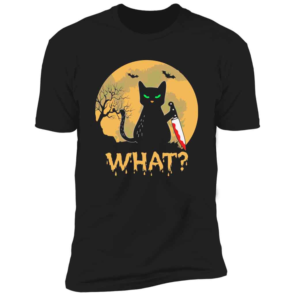 Cat What? Murderous Black Cat with Knife Orange Glow Men's Black ShirtCustomly Gifts