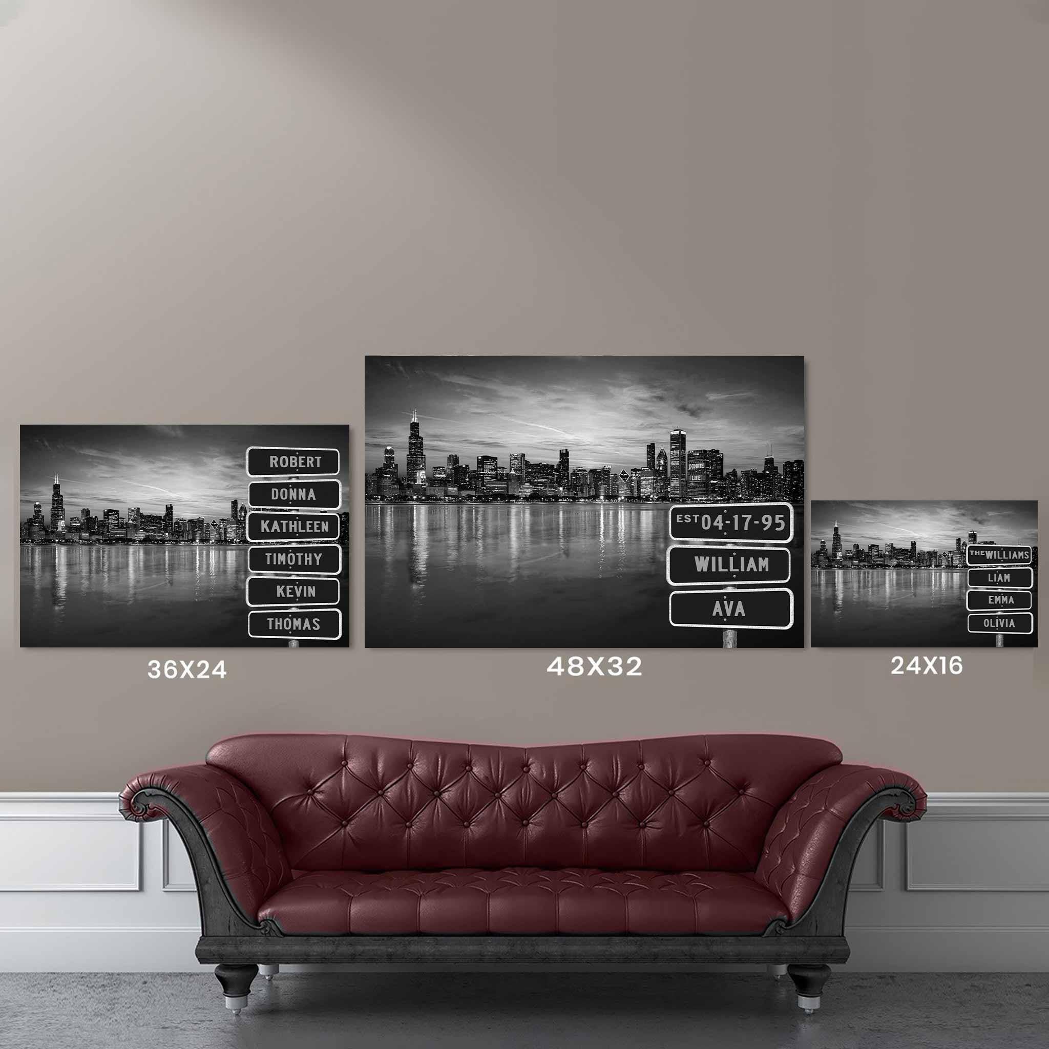 Chicago Skyline Black & White Multiple Names Personalized Street Sign CanvasCustomly Gifts