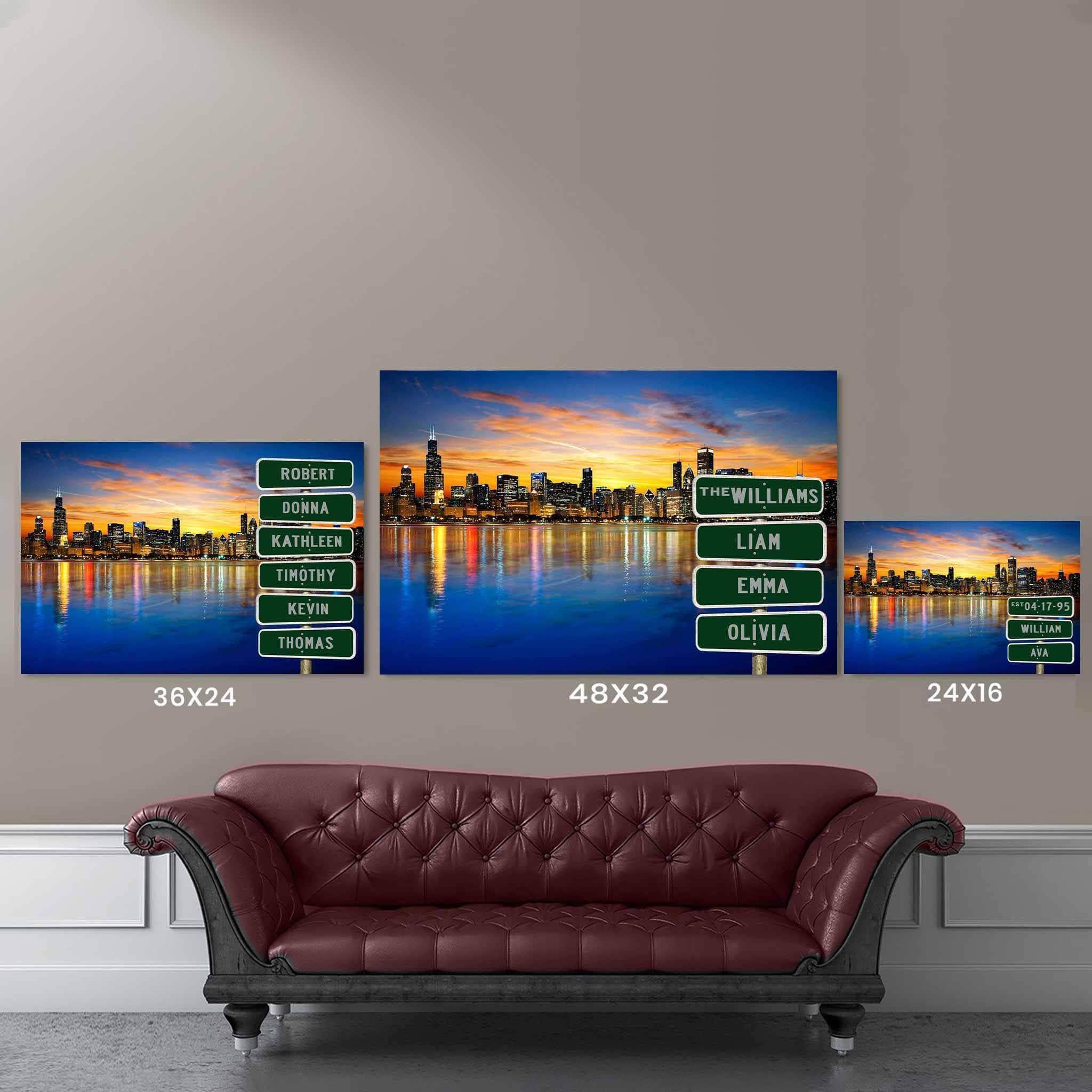 Chicago Skyline Vibrant Sunset Multiple Names Personalized Street Sign CanvasCustomly Gifts