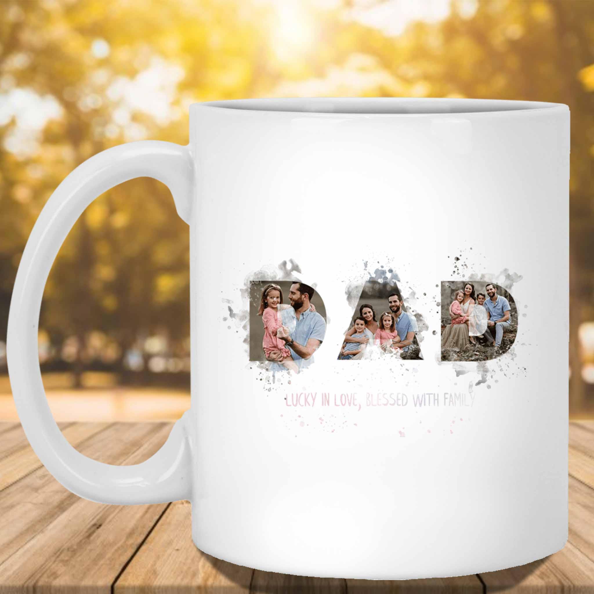 Dad Watercolor Photo Collage Lucky In Love Blessed With Family Custom Personalized White Coffee MugsCustomly Gifts