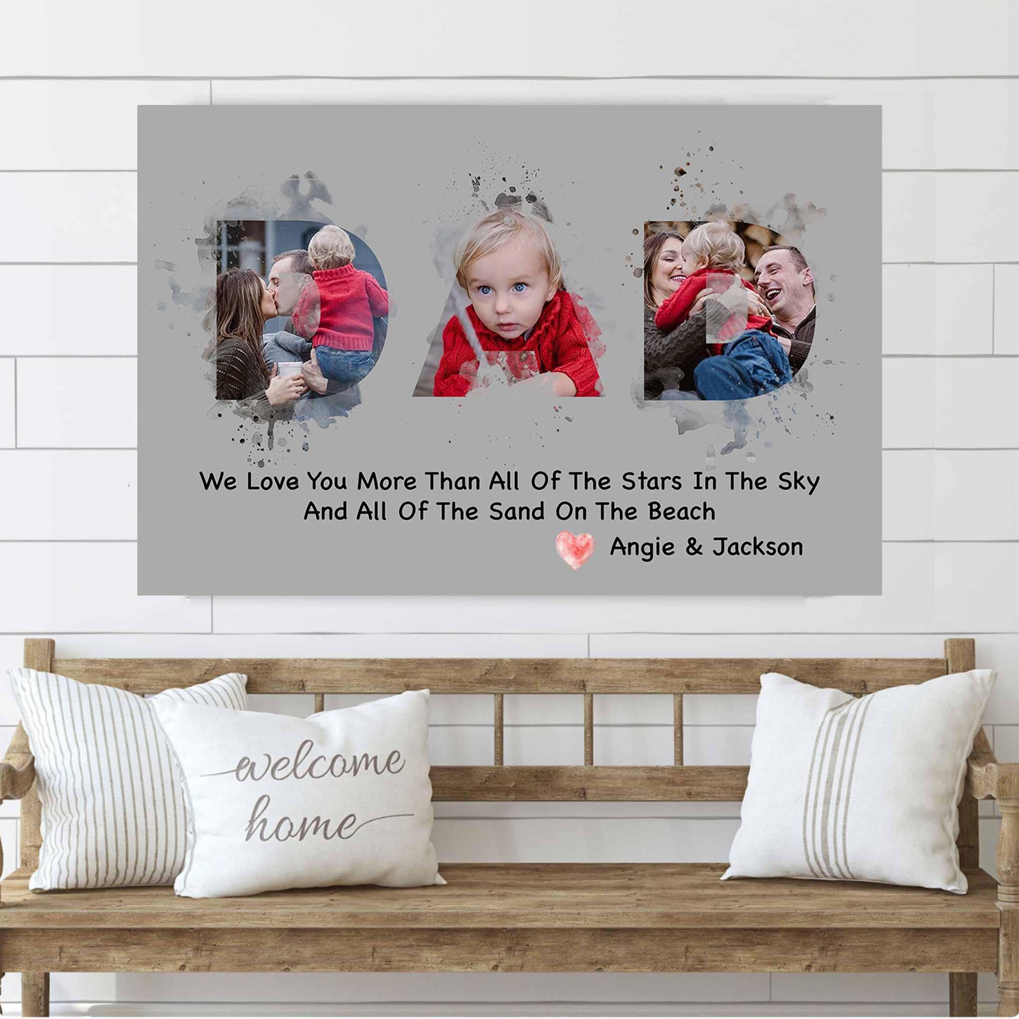 Dad Watercolor Photo Collage With Personalized Text Custom Grey CanvasCustomly Gifts