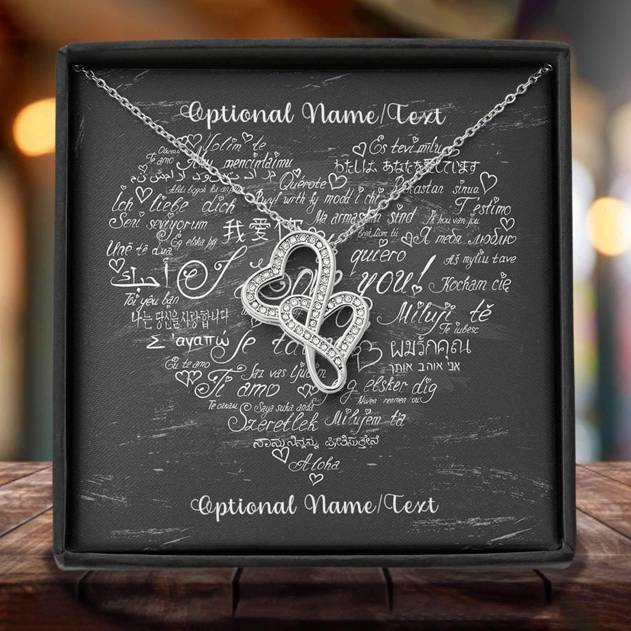 Double Intertwined Hearts Necklace With I Love You In Multiple Languages Personalized Insert CardCustomly Gifts