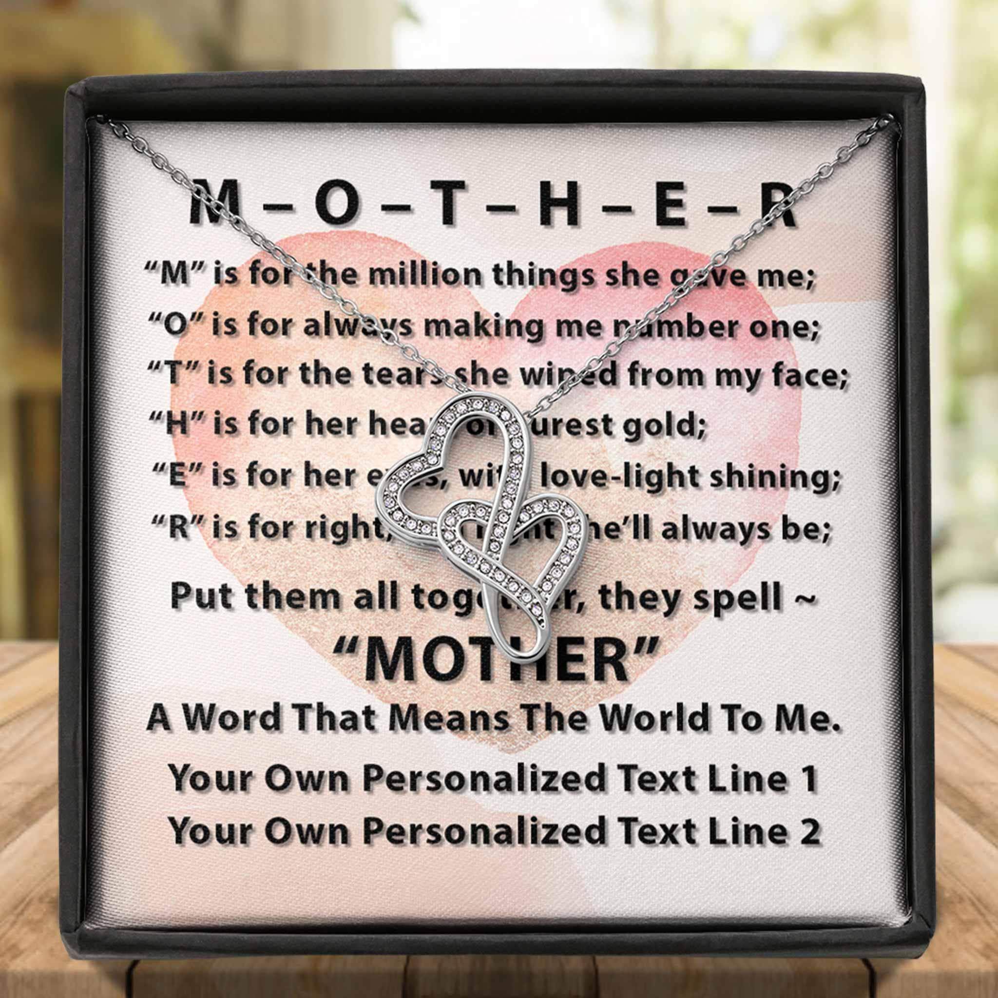 Double Intertwined Hearts Necklace With M-O-T-H-E-R Poem Personalized Mom Insert CardCustomly Gifts