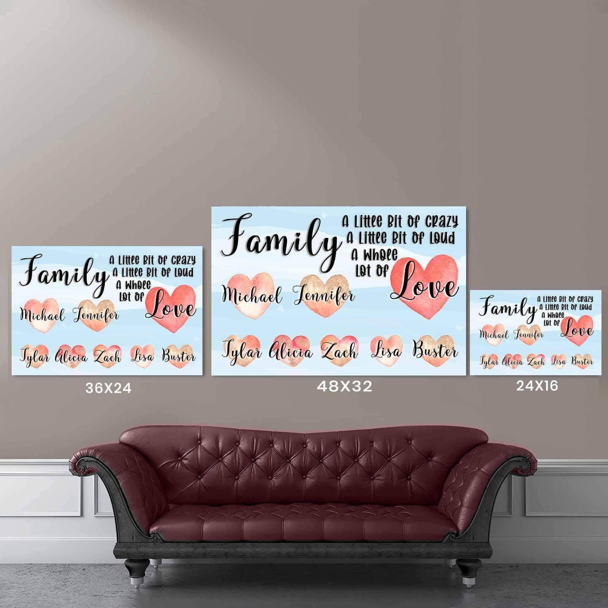 Family A Whole Lot Of Love Personalized Watercolor Names Over Hearts Light Blue CanvasCustomly Gifts