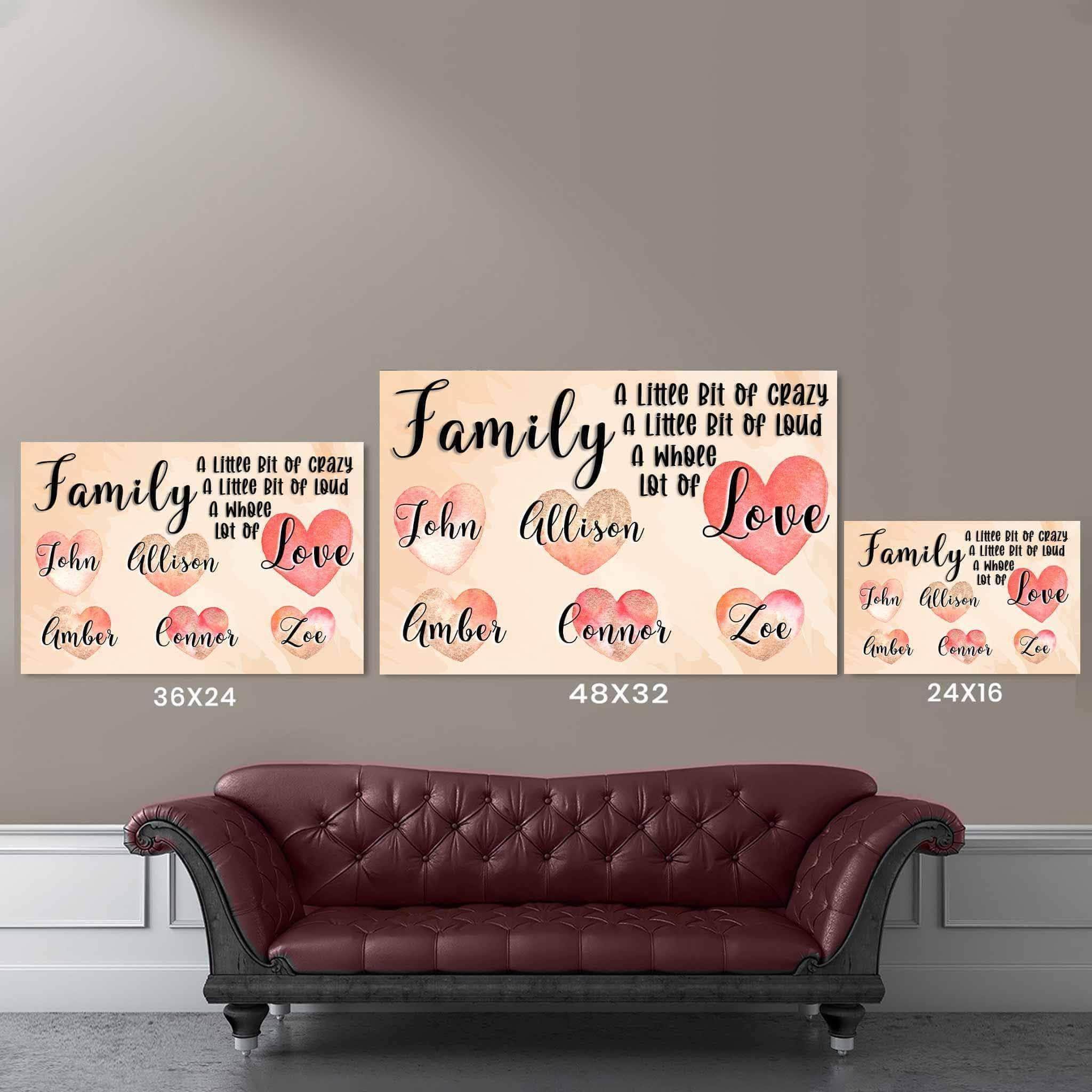 Family A Whole Lot Of Love Personalized Watercolor Names Over Hearts Light Orange CanvasCustomly Gifts