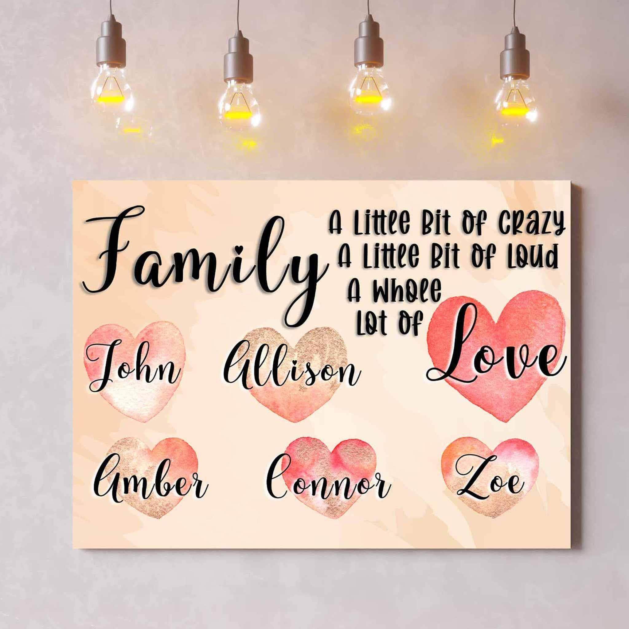 Family A Whole Lot Of Love Personalized Watercolor Names Over Hearts Light Orange CanvasCustomly Gifts