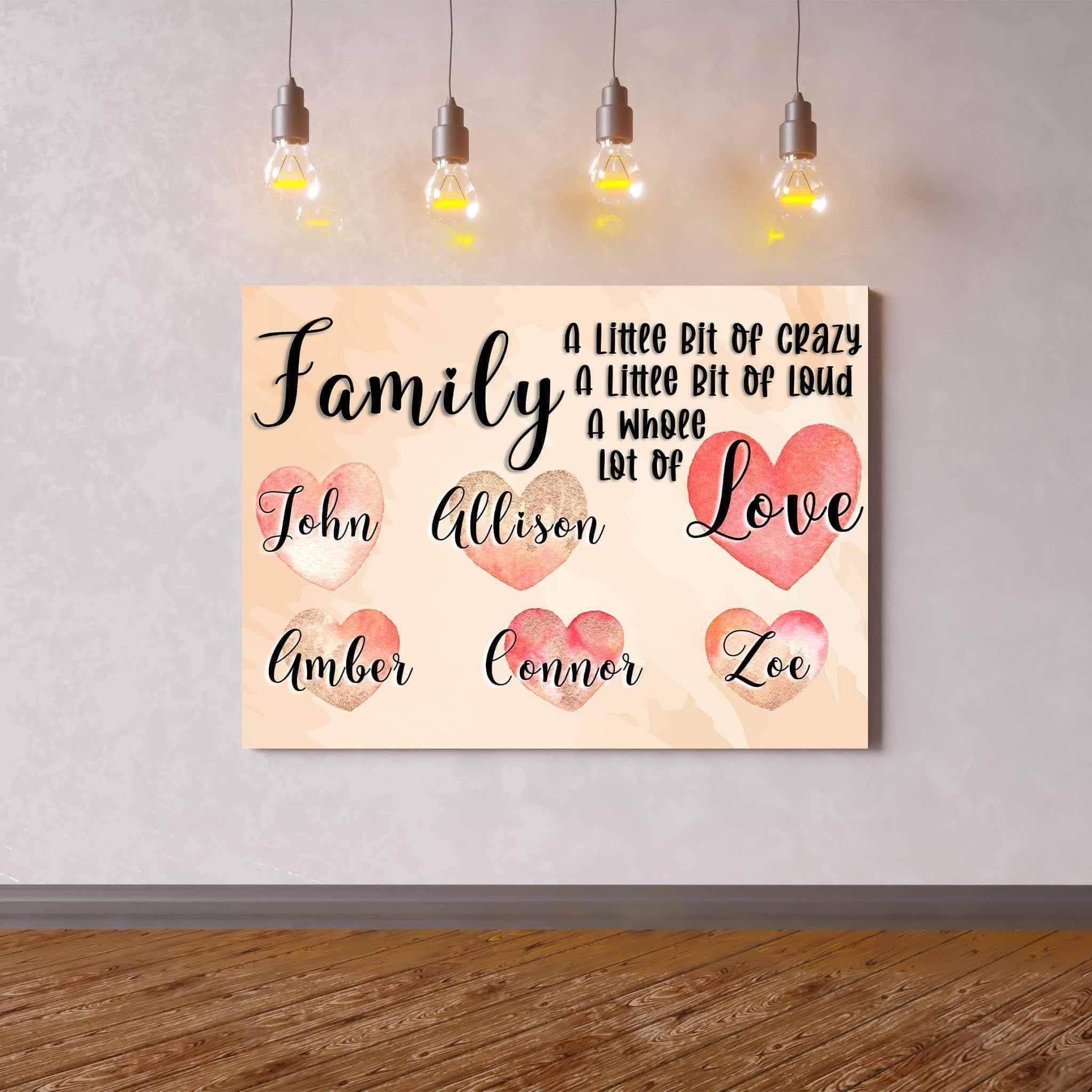 Family A Whole Lot Of Love Personalized Watercolor Names Over Hearts Light Orange CanvasCustomly Gifts