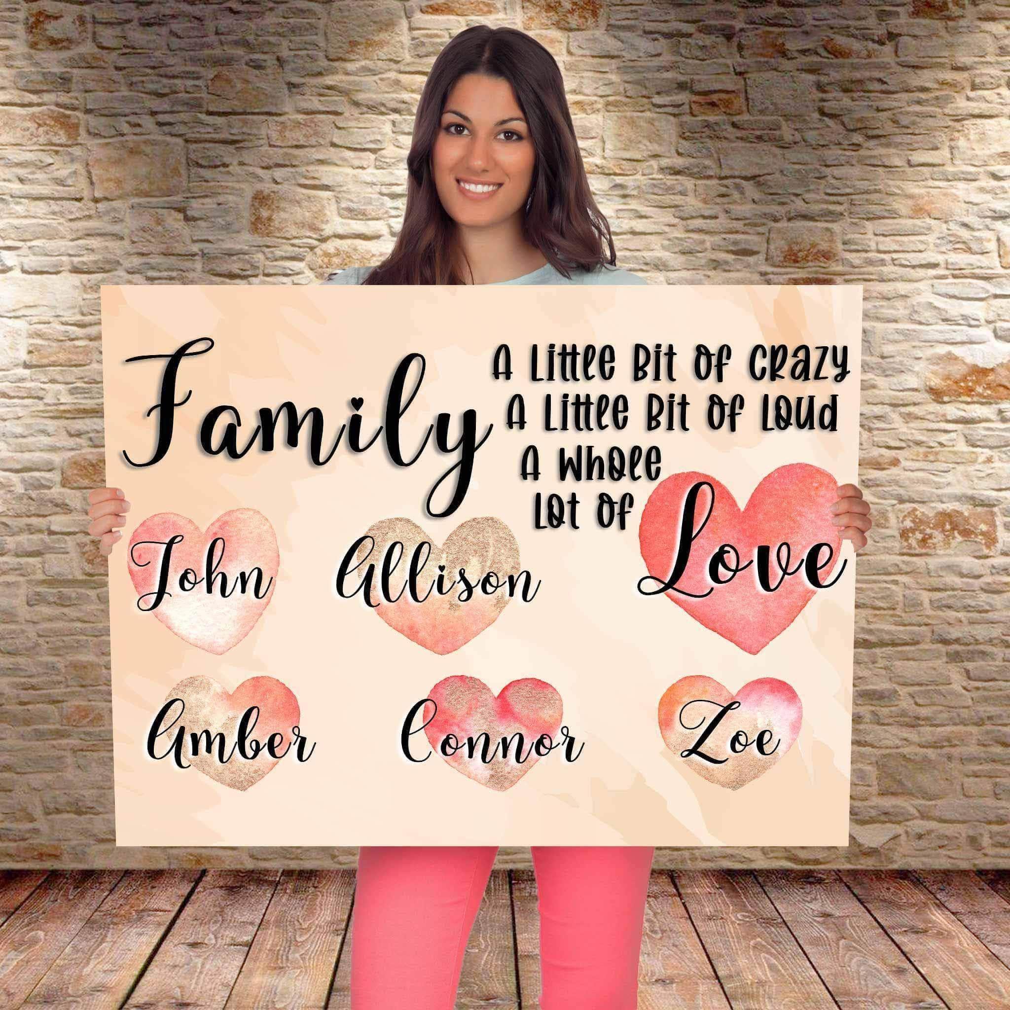 Family A Whole Lot Of Love Personalized Watercolor Names Over Hearts Light Orange CanvasCustomly Gifts