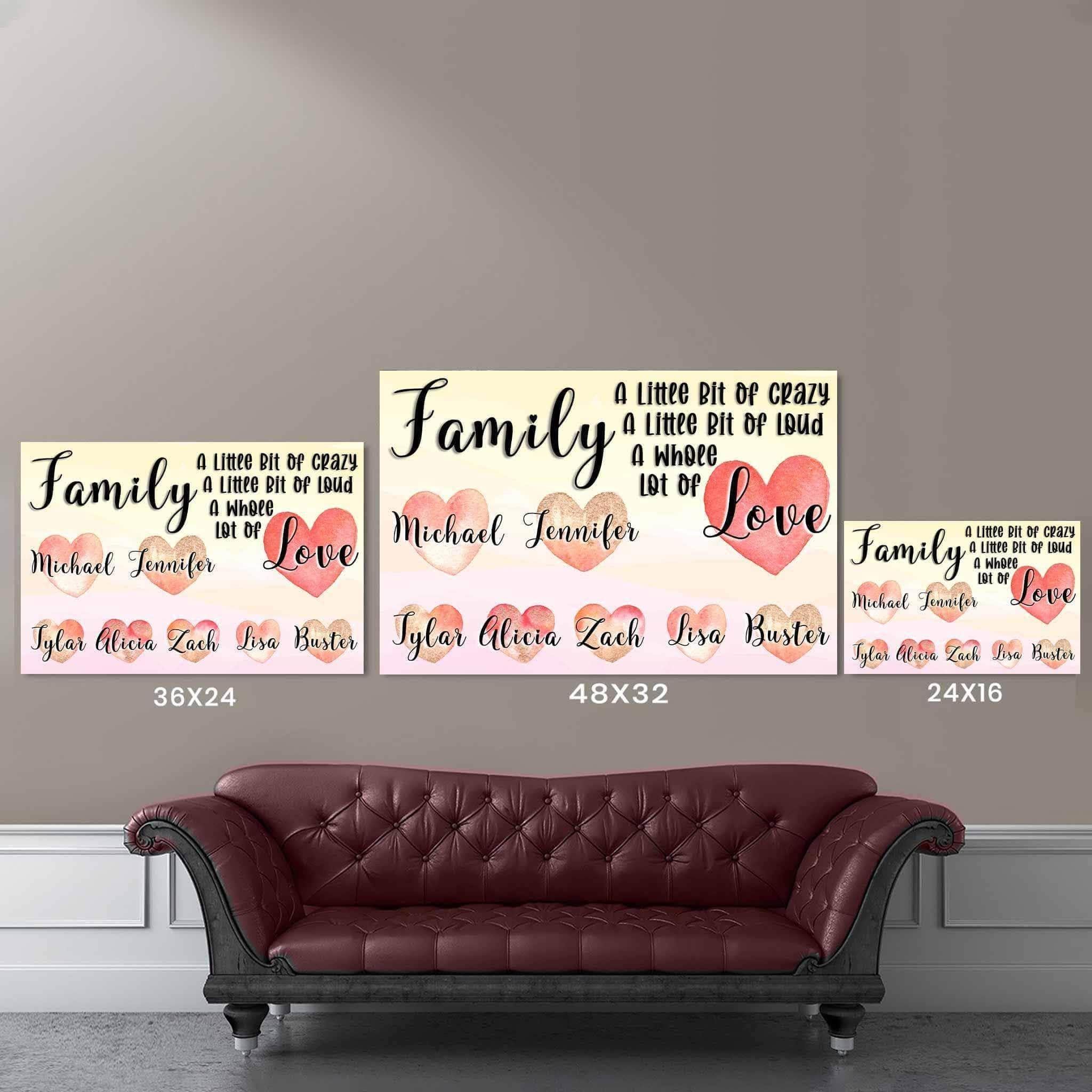 Family A Whole Lot Of Love Personalized Watercolor Names Over Hearts Multi-Color CanvasCustomly Gifts