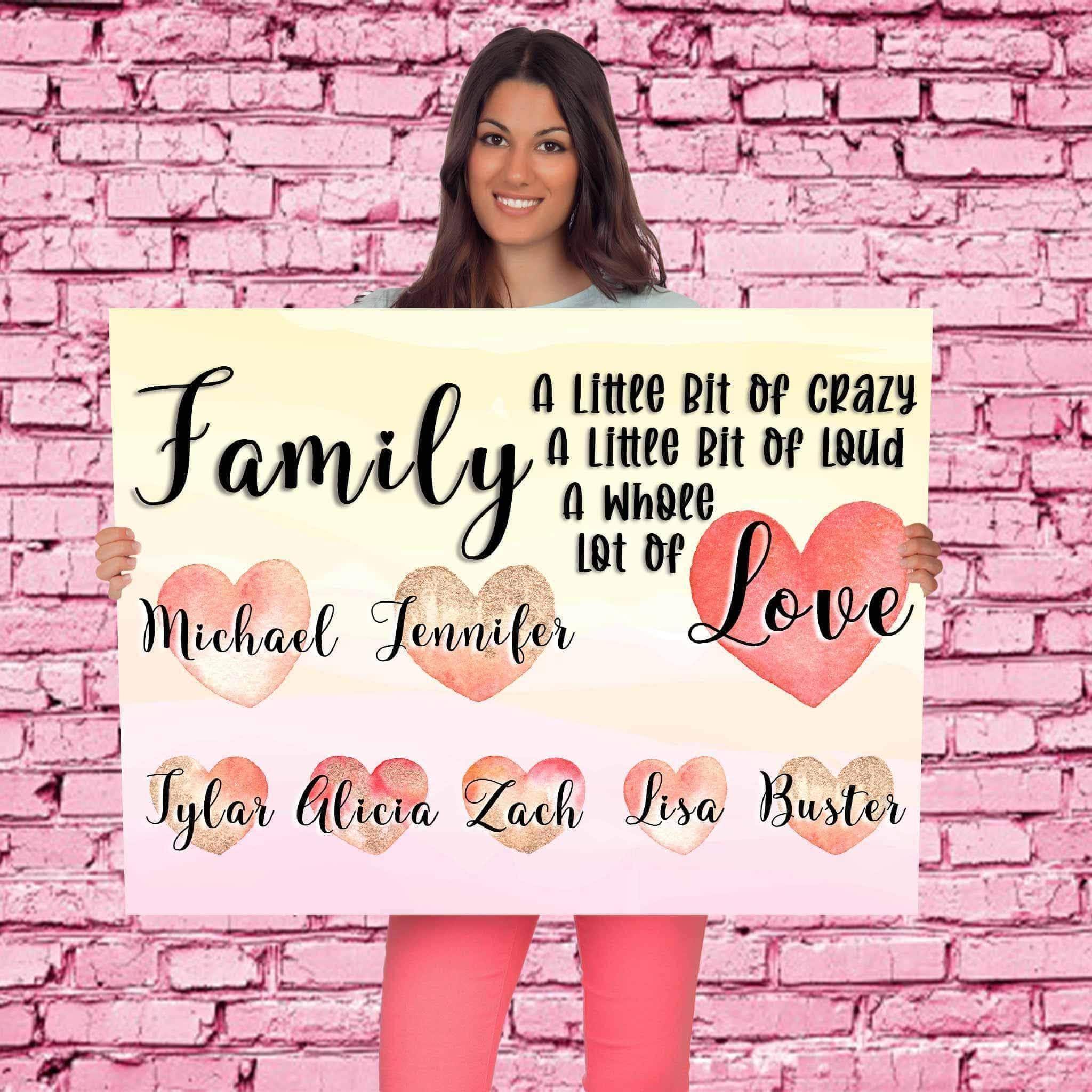 Family A Whole Lot Of Love Personalized Watercolor Names Over Hearts Multi-Color CanvasCustomly Gifts