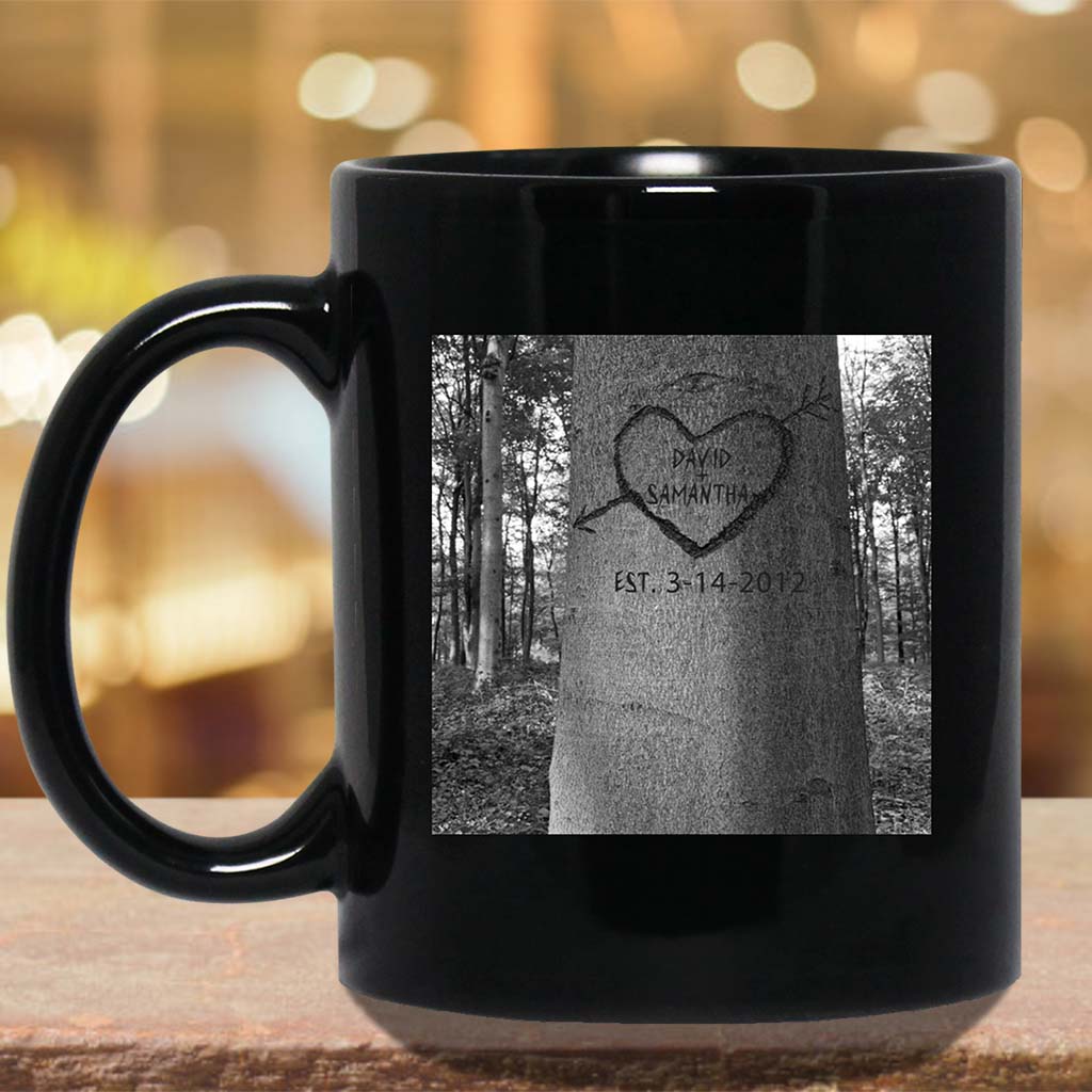 Family Tree Carved Names B&W With Heart Multiple Names Personalized MugCustomly Gifts