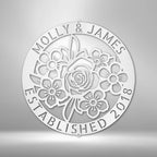 Floral Ring Personalized Monogram Family Name Text Steel SignCustomly Gifts