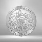 Floral Ring Personalized Monogram Family Name Text Steel SignCustomly Gifts