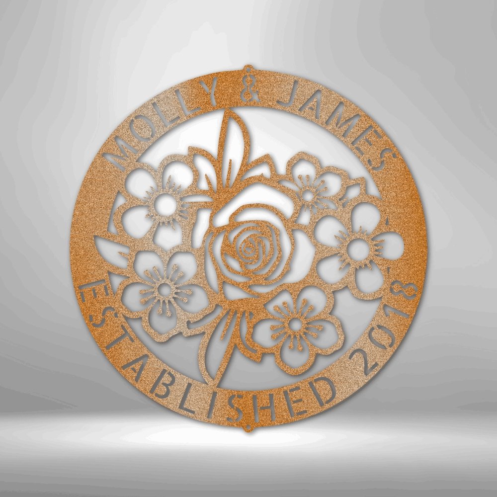 Floral Ring Personalized Monogram Family Name Text Steel SignCustomly Gifts