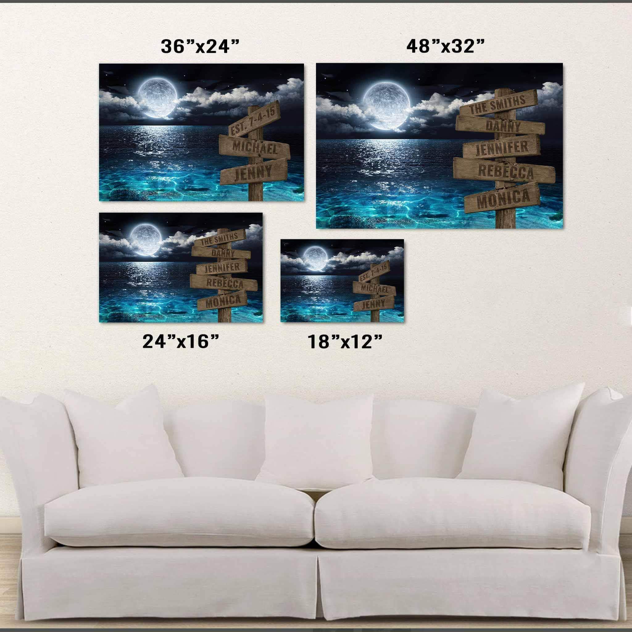 Full Moon Ocean Nightscape v1 Multiple Names Personalized Directional Sign CanvasCustomly Gifts