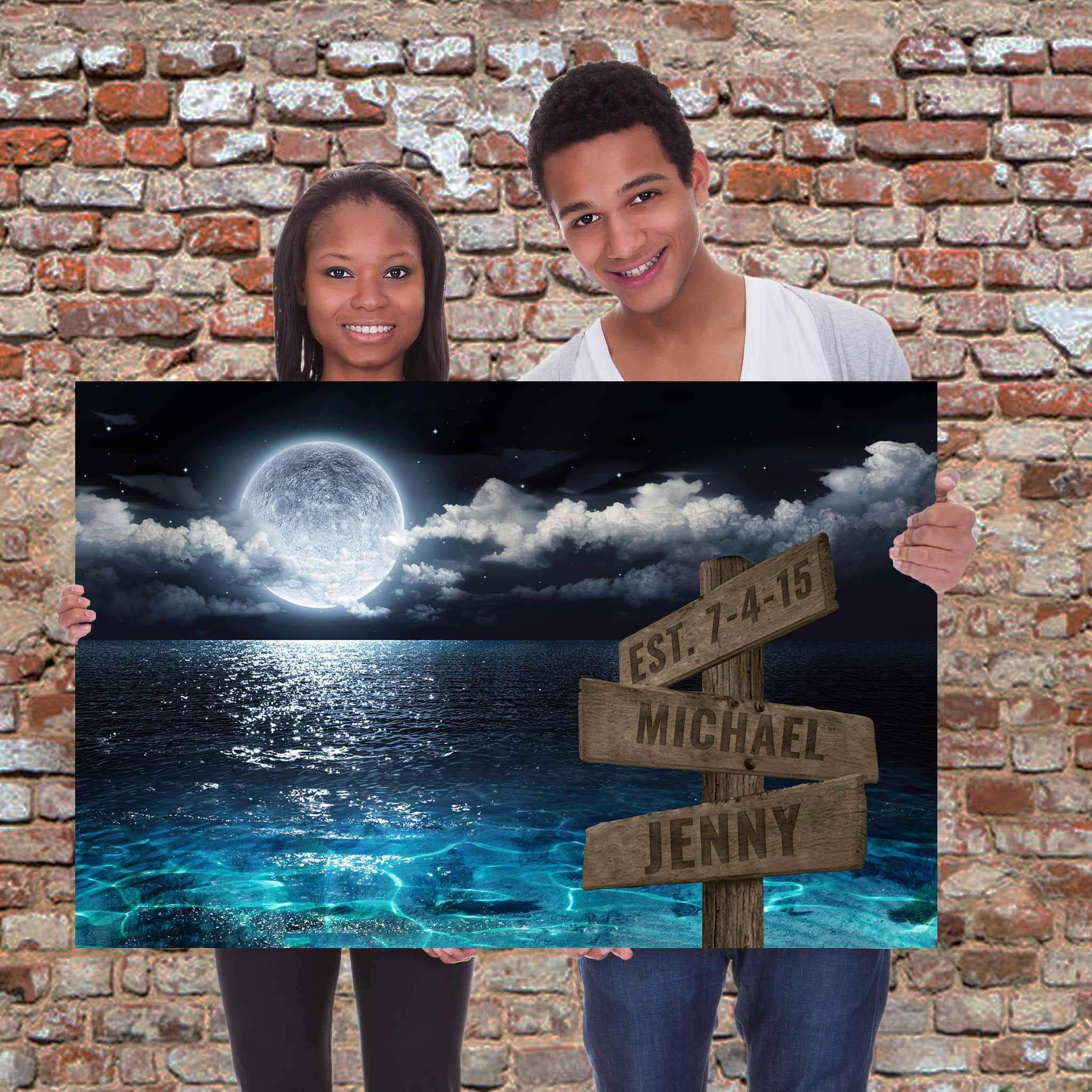 Full Moon Ocean Nightscape v1 Multiple Names Personalized Directional Sign CanvasCustomly Gifts