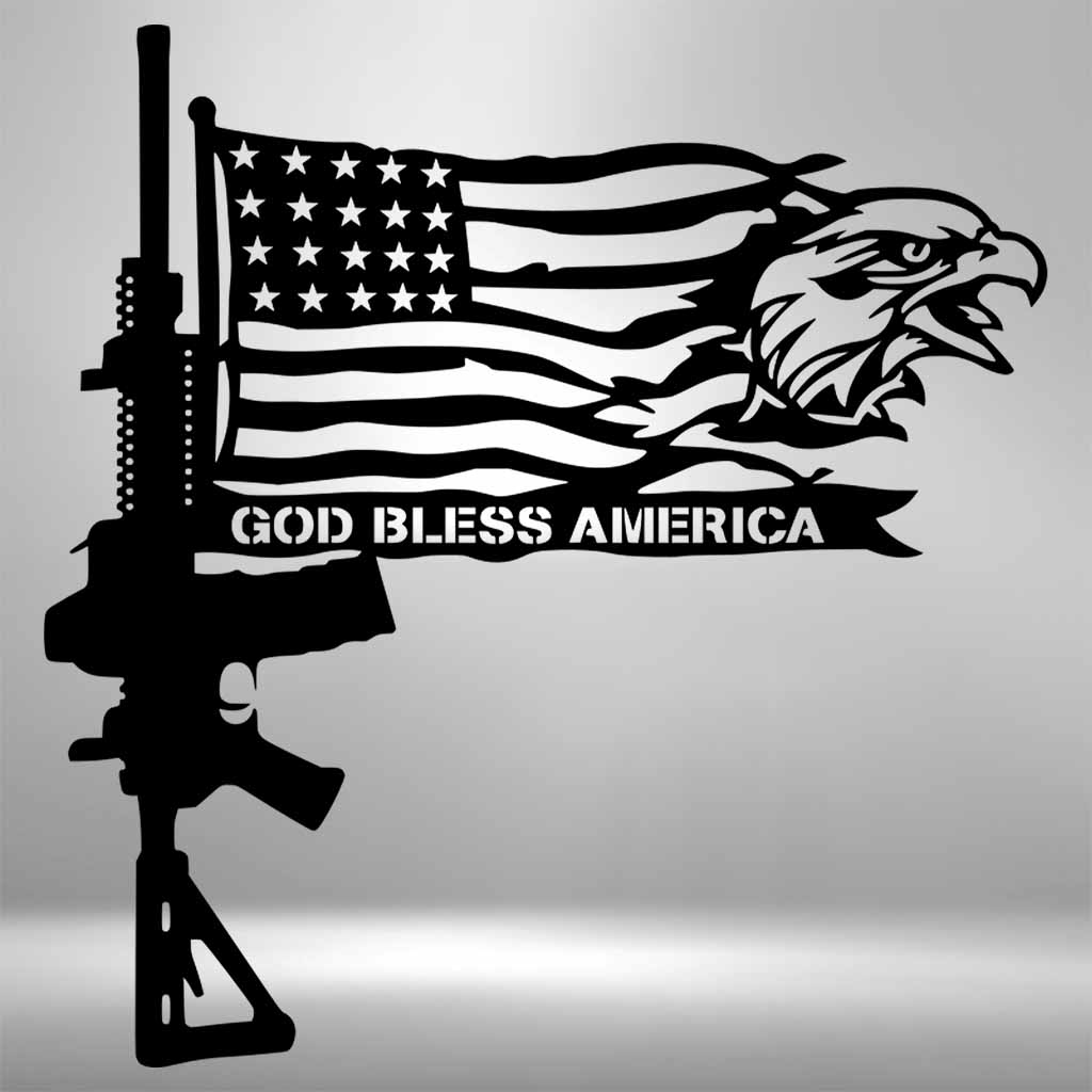 God Bless America Rifle Flag Bald Eagle Steel Metal Sign Wall ArtCustomly Gifts