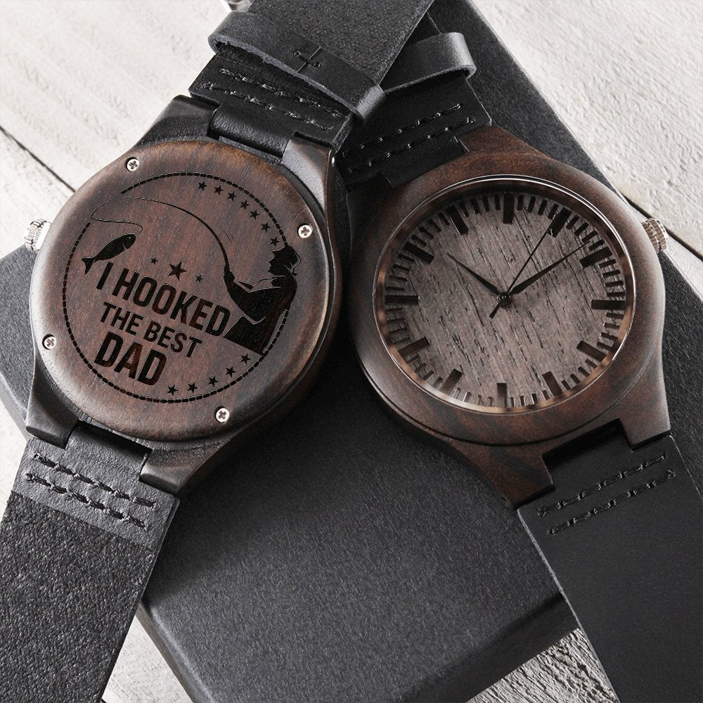 I Hooked The Best Dad Engraved Wooden WatchCustomly Gifts