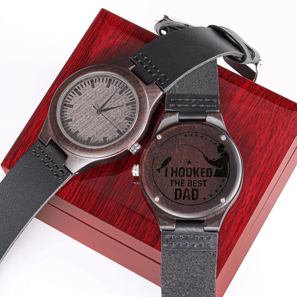 I Hooked The Best Dad Engraved Wooden WatchCustomly Gifts