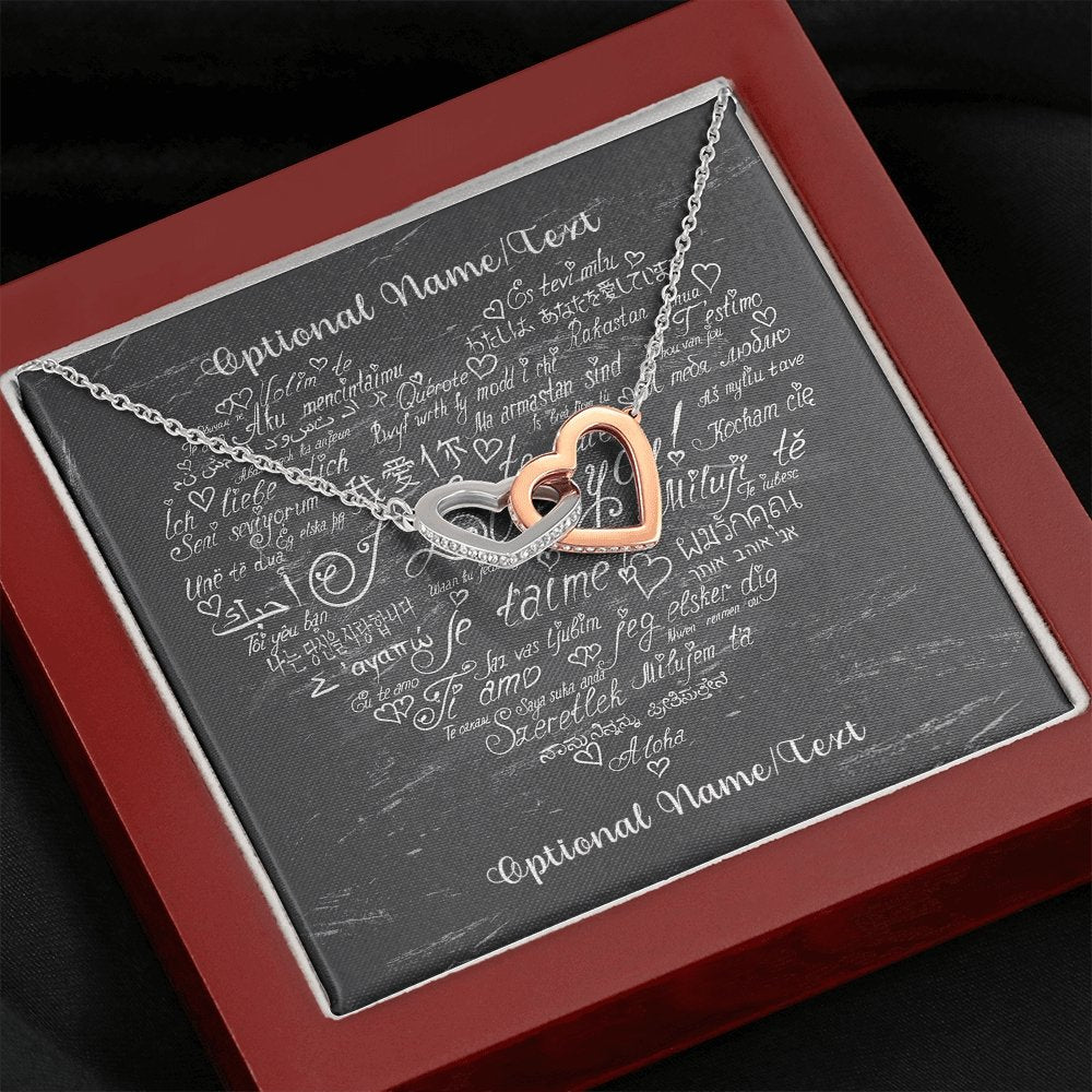 Interlocking Hearts Necklace With I Love You In Multiple Languages Personalized Insert CardCustomly Gifts