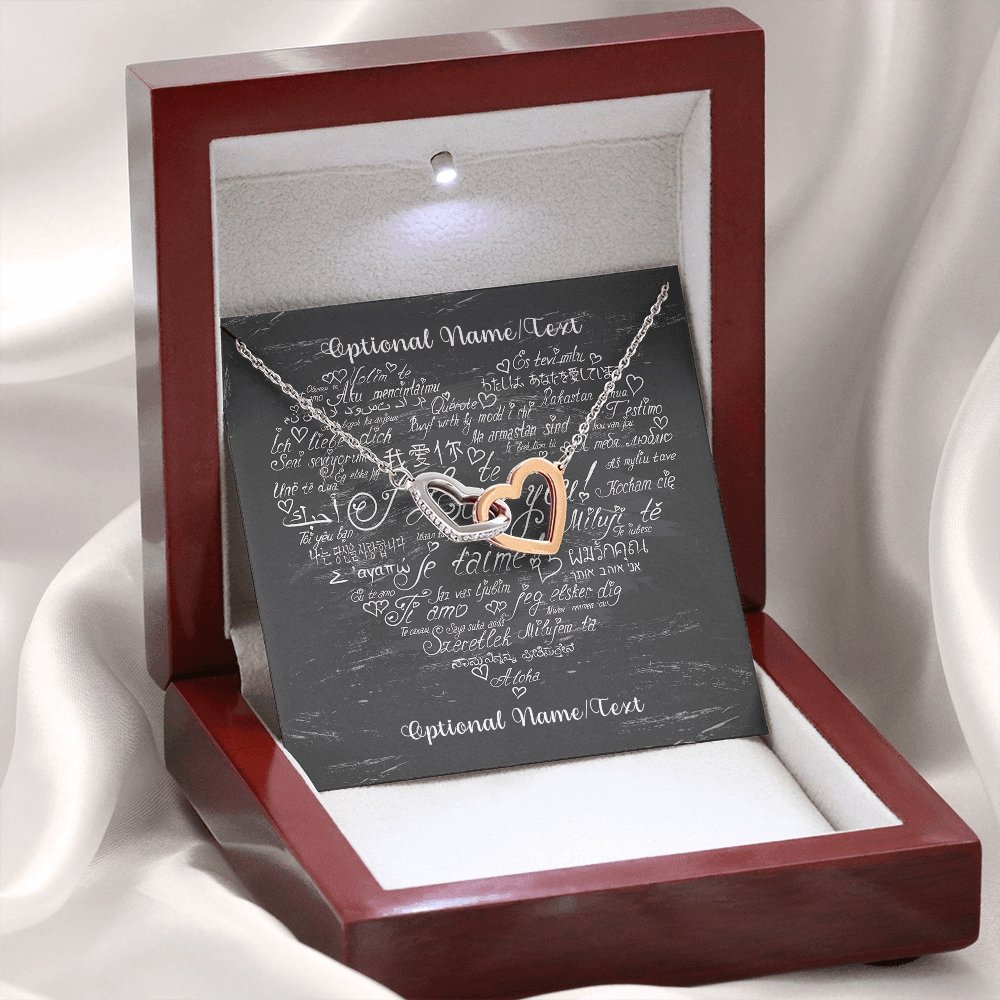 Interlocking Hearts Necklace With I Love You In Multiple Languages Personalized Insert CardCustomly Gifts
