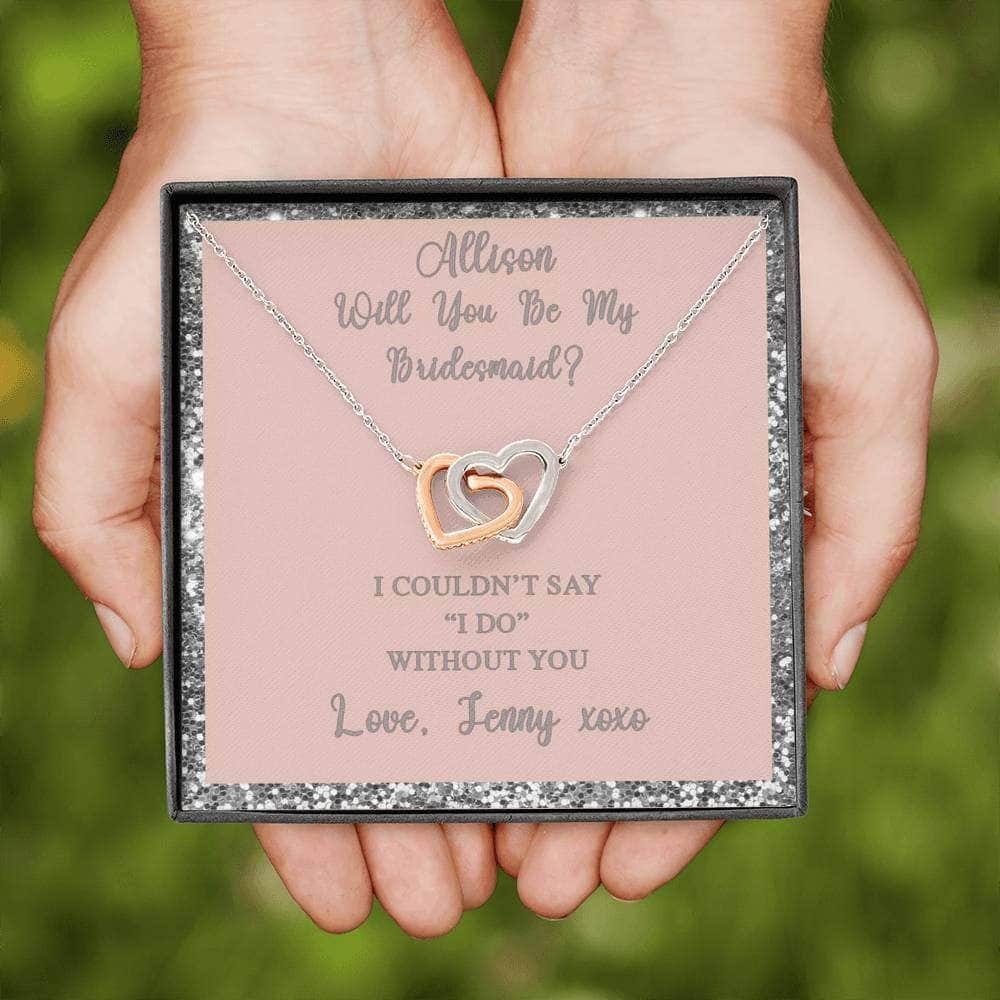 Interlocking Hearts Necklace With Will You Be My Bridesmaid? Blush-Slvr Personalized Insert CardCustomly Gifts