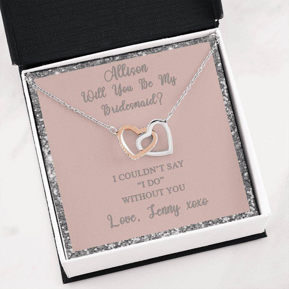 Interlocking Hearts Necklace With Will You Be My Bridesmaid? Blush-Slvr Personalized Insert CardCustomly Gifts