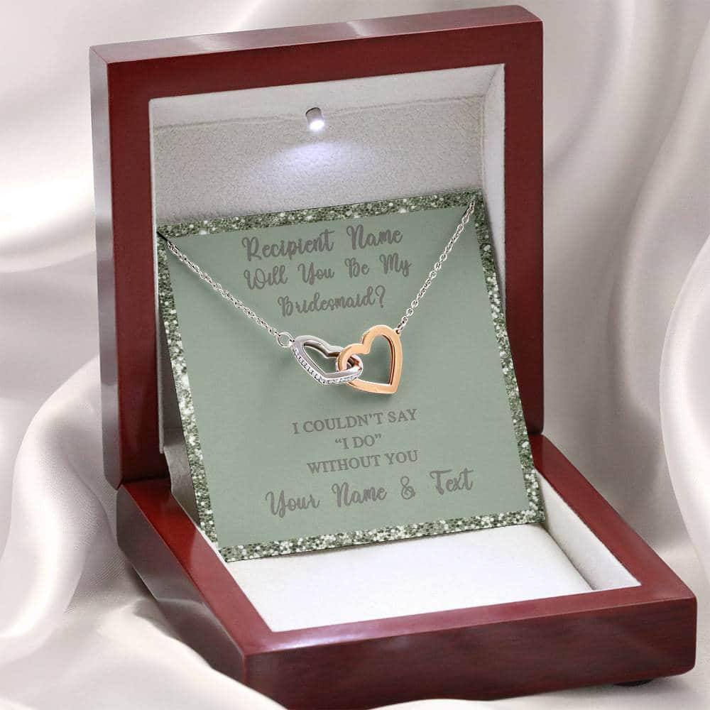 Interlocking Hearts Necklace With Will You Be My Bridesmaid? Fawn-Grn Personalized Insert CardCustomly Gifts
