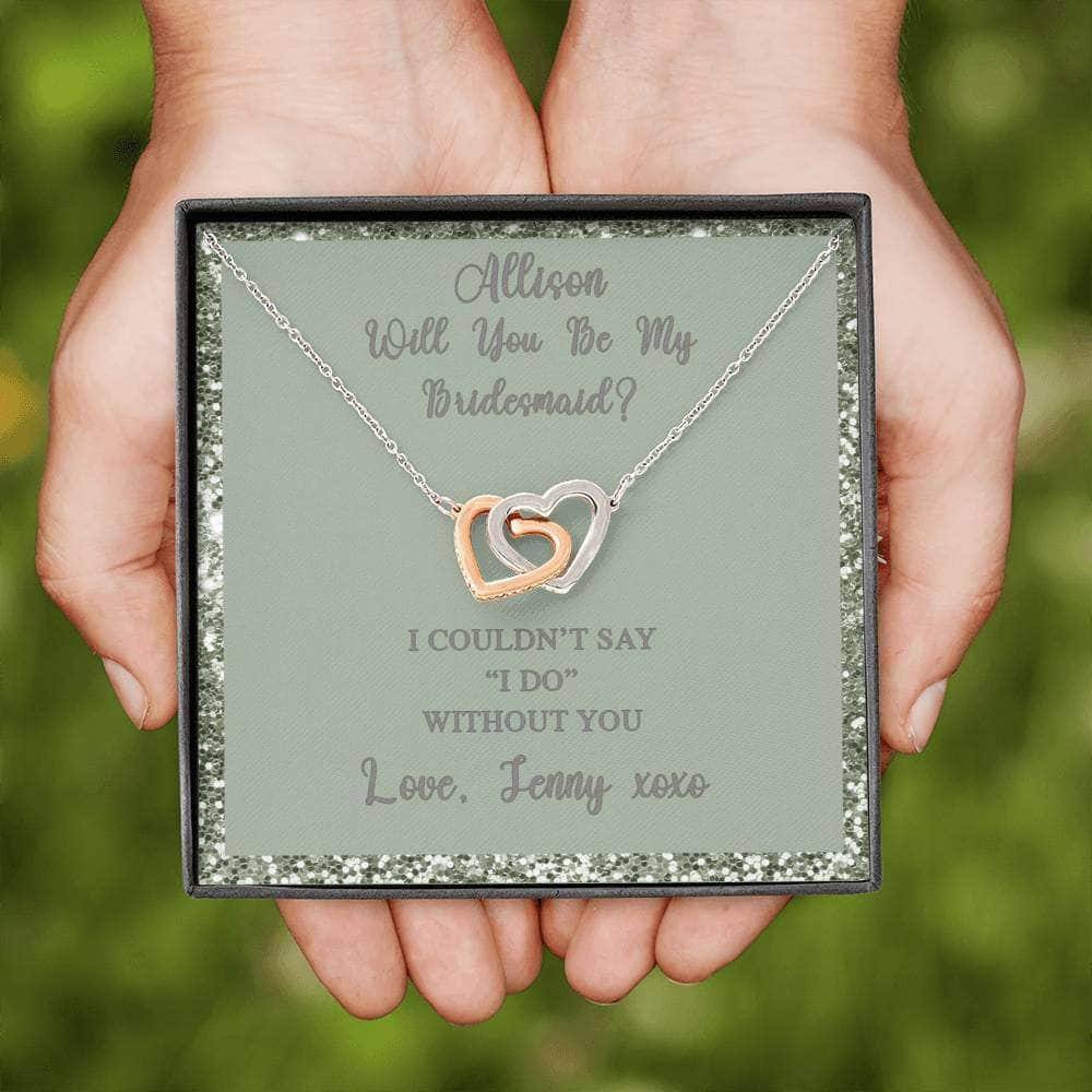 Interlocking Hearts Necklace With Will You Be My Bridesmaid? Fawn-Grn Personalized Insert CardCustomly Gifts