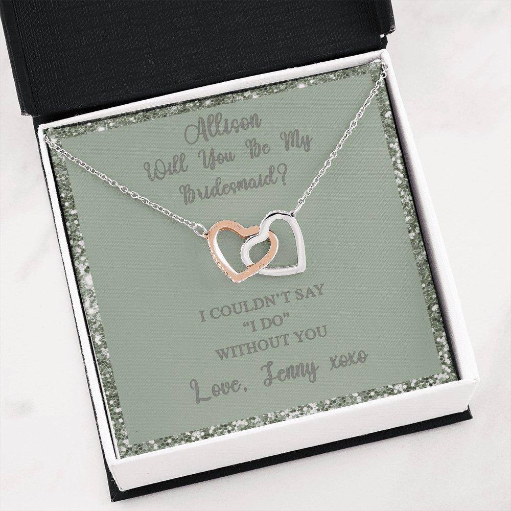Interlocking Hearts Necklace With Will You Be My Bridesmaid? Fawn-Grn Personalized Insert CardCustomly Gifts