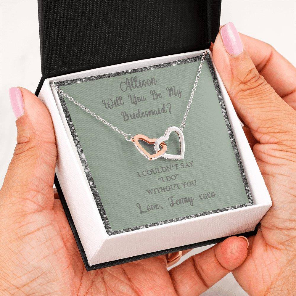 Interlocking Hearts Necklace With Will You Be My Bridesmaid? Fawn-Slvr Personalized Insert CardCustomly Gifts
