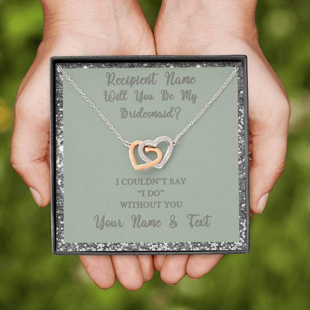 Interlocking Hearts Necklace With Will You Be My Bridesmaid? Fawn-Slvr Personalized Insert CardCustomly Gifts