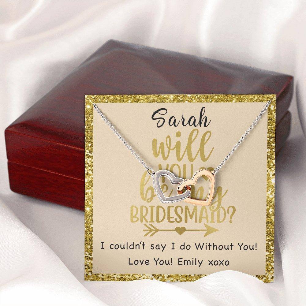 Interlocking Hearts Necklace With Will You Be My Bridesmaid? Gold Personalized Insert CardCustomly Gifts