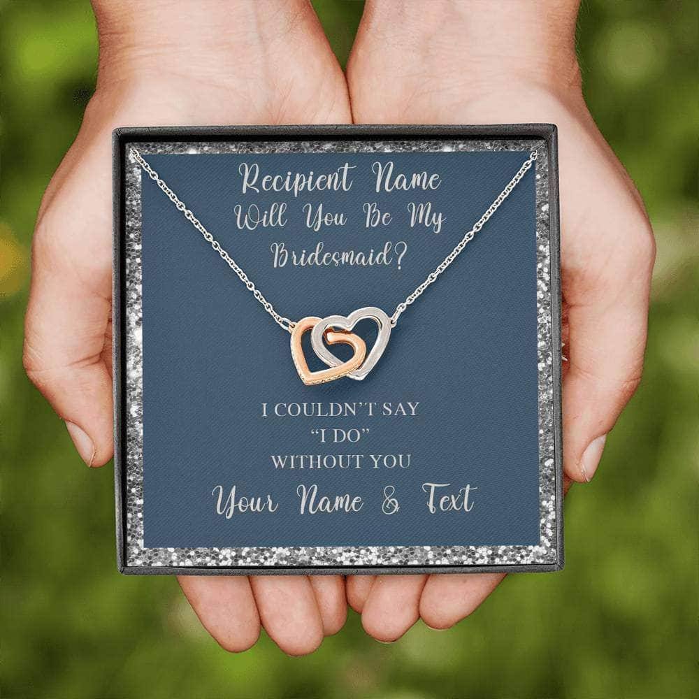 Interlocking Hearts Necklace With Will You Be My Bridesmaid? Navy-Slvr Personalized Insert CardCustomly Gifts